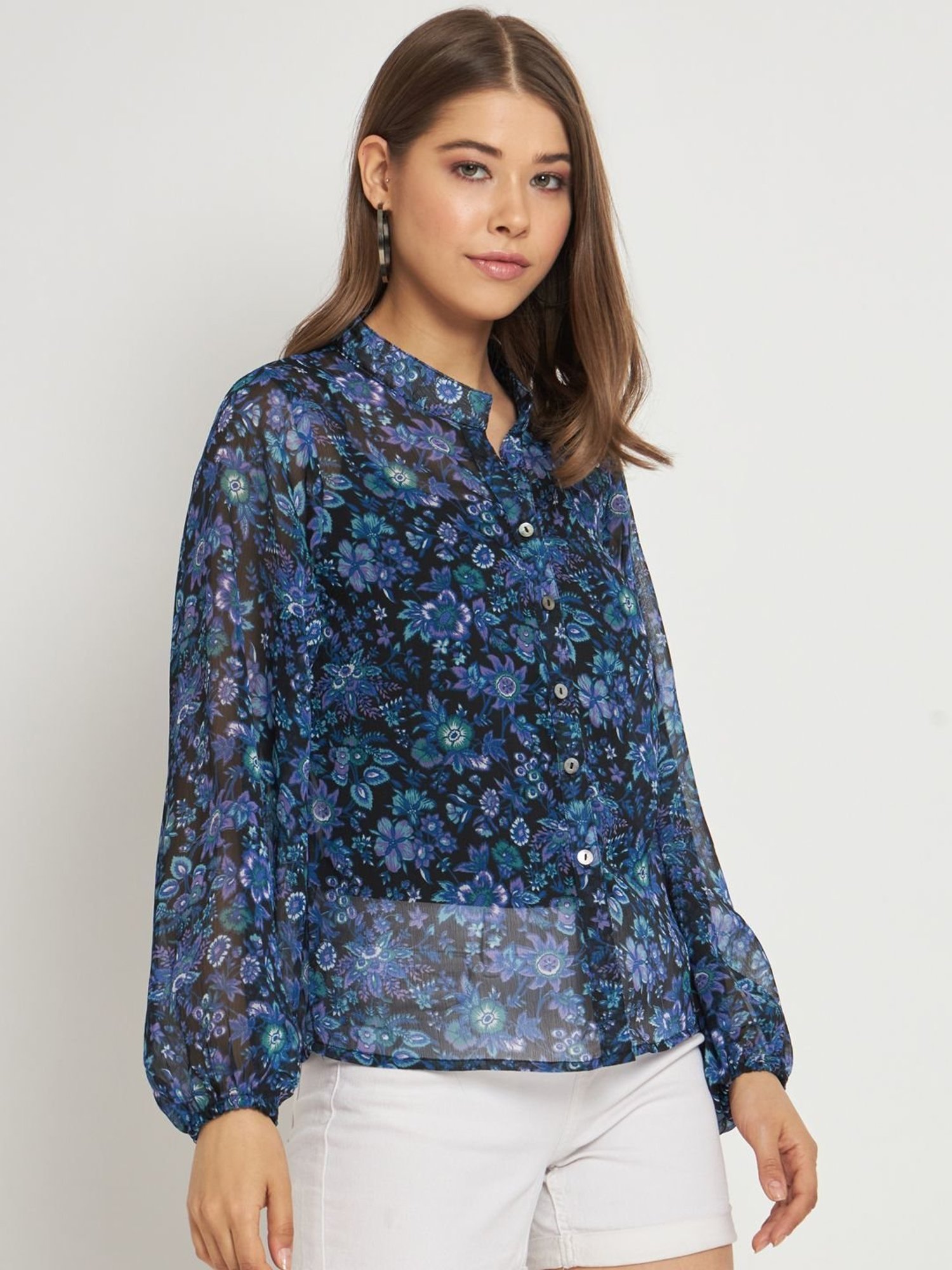 Anvi Be Yourself Blue Floral Print Semi-Sheer Shirt