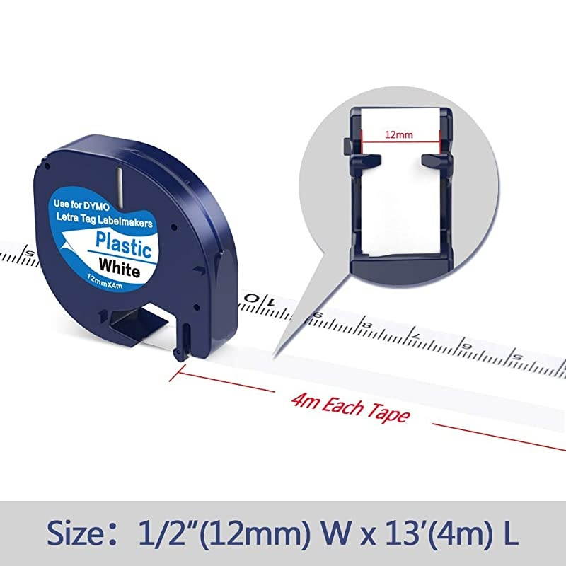 Compatible Label Tape Replacement for Dymo Letratag Refills Plastic 91331 S0721660 Label Tape 12 Inch x 13 Feet Black on White for DYMO Label Maker LT100H LT100T LT110T 10Pack