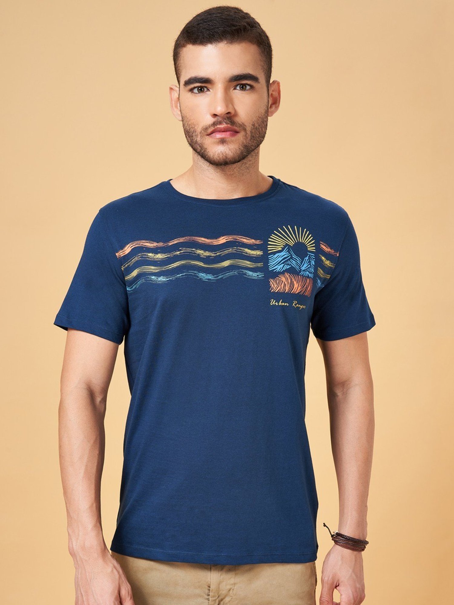 Urban Ranger by Pantaloons Light Navy Cotton Slim Fit Printed T-Shirt