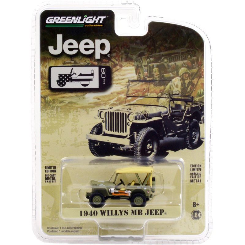 1940 Willys MB Jeep with Accessories Military Green with Tan Top "Jeep 80th Anniversary" 1/64 Diecast Model Car by Greenlight