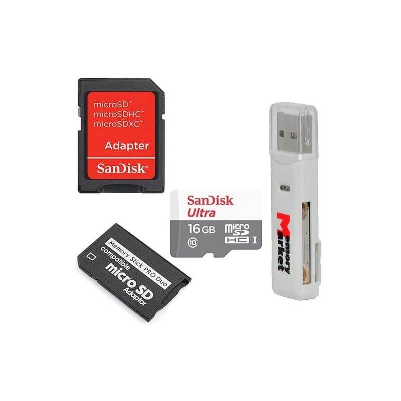 Ultra 16GB Class 10 UHS1 MicroSD MicroSDHC Card with MicroSDHC to Memory Stick MS Pro Duo Adapter for Sony PSP and Cybershot Cameras with MemoryMarket MicroSD SD Memory Card Reader