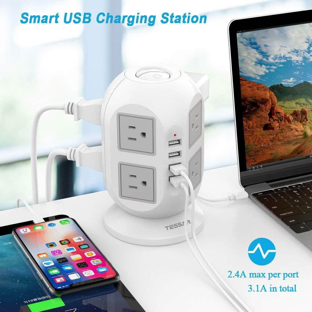 Power Strip Tower TESSAN Surge Protector 8 AC Outlets with 4 USB Ports Charging Station Long Extension Cord 10 Feet, Widely Spaced Multi Outlets, Circuit Breaker Safeguard for Home Office Dorm Room