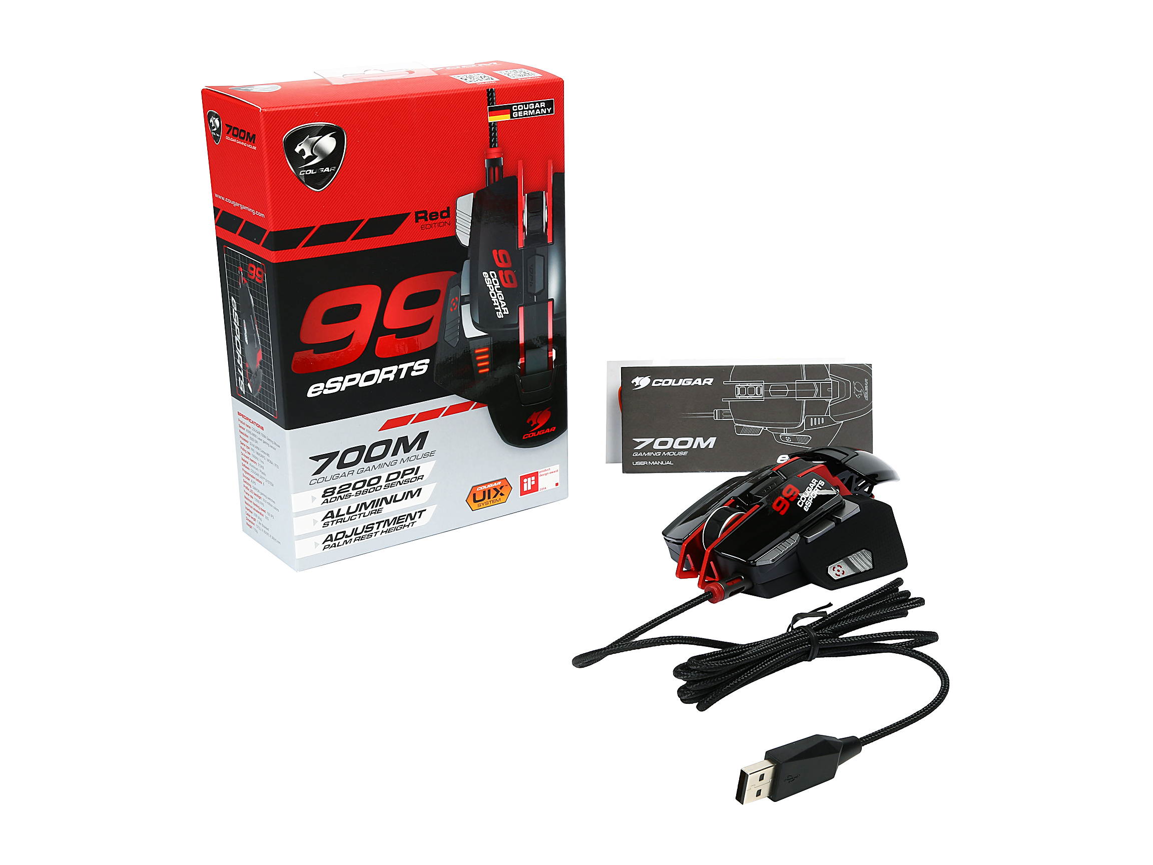 Cougar 700M eSports Red MOC700BRE 8200 dpi Aluminum Performance Gaming Mouse, 32 Bit ARM Processor 512KB On-Board Memory & UIX Interface System