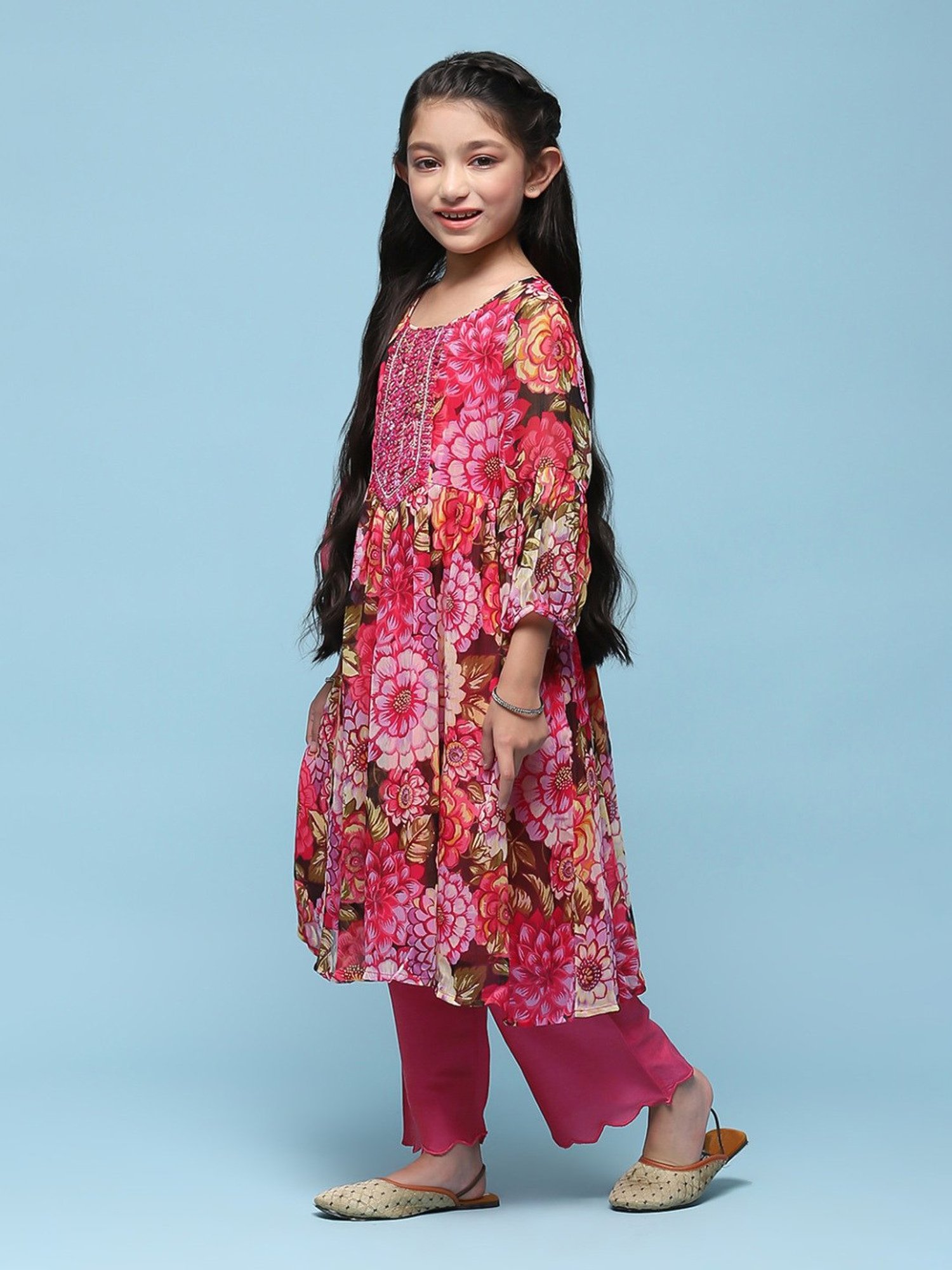 BIBA Girls Kids Pink Floral Print Kurta Set