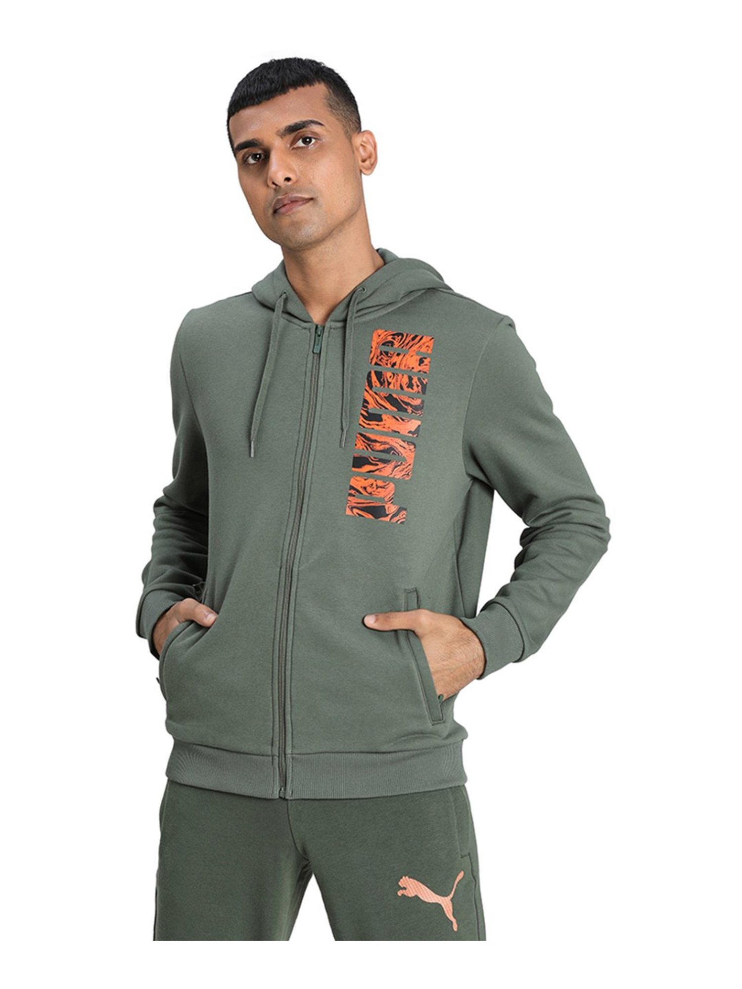 Puma Green Cotton Regular Fit Hooded Jacket