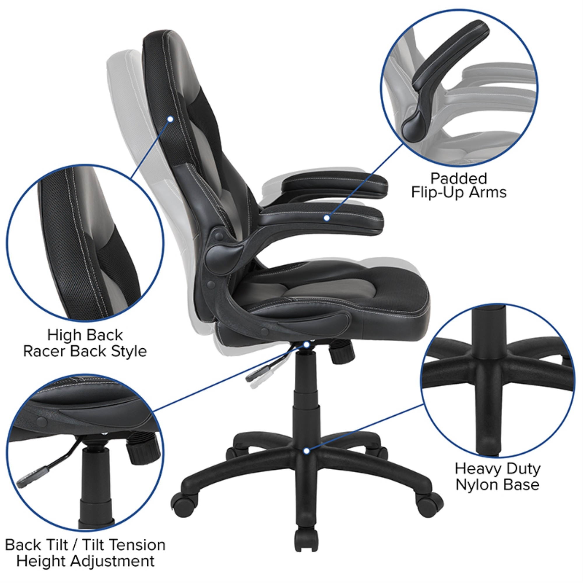 Flash Furniture X10 Gaming Chair Racing Office Adjustable Swivel Chair with Flip-up Arms - Black LeatherSoft