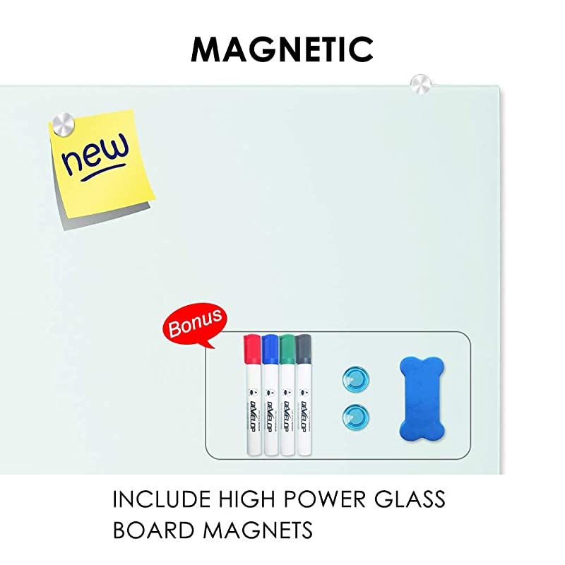 Glass Dry Erase White Board, Large Frameless Glass Wring Whiteboard on Wall, Frosted White Surface, Including 4 markers, 2 Magnets, 1 Eraser, 59 x 48 Inch (150 x 120 cm)