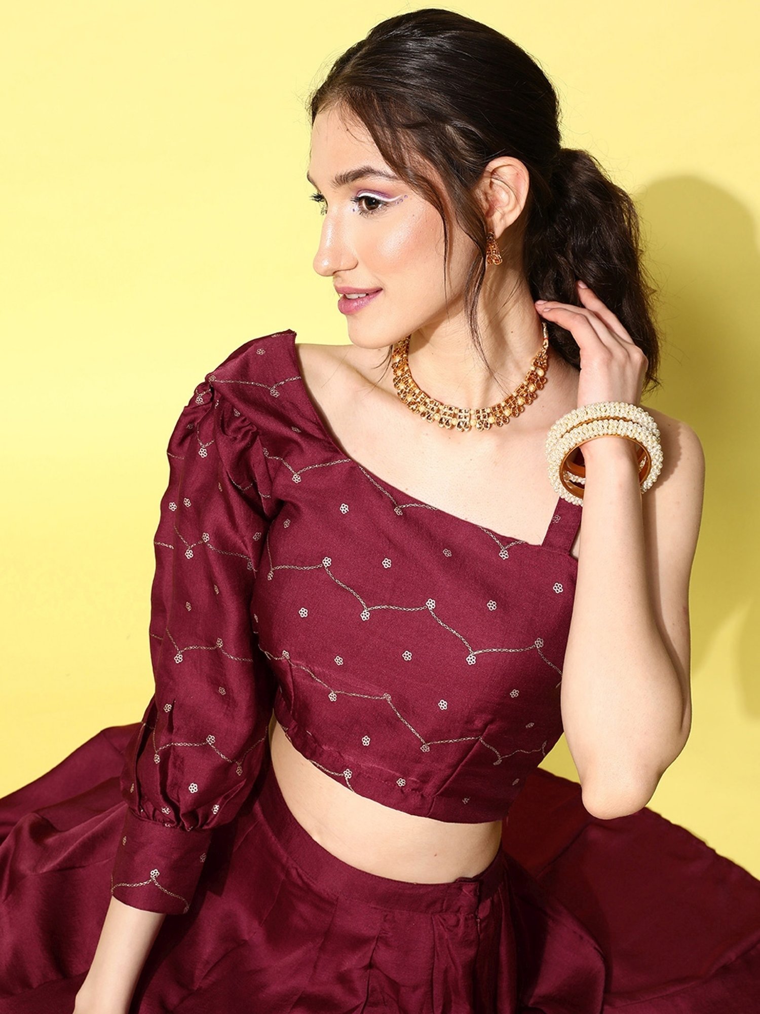 Yufta Maroon Embroidered Crop Top Skirt Set