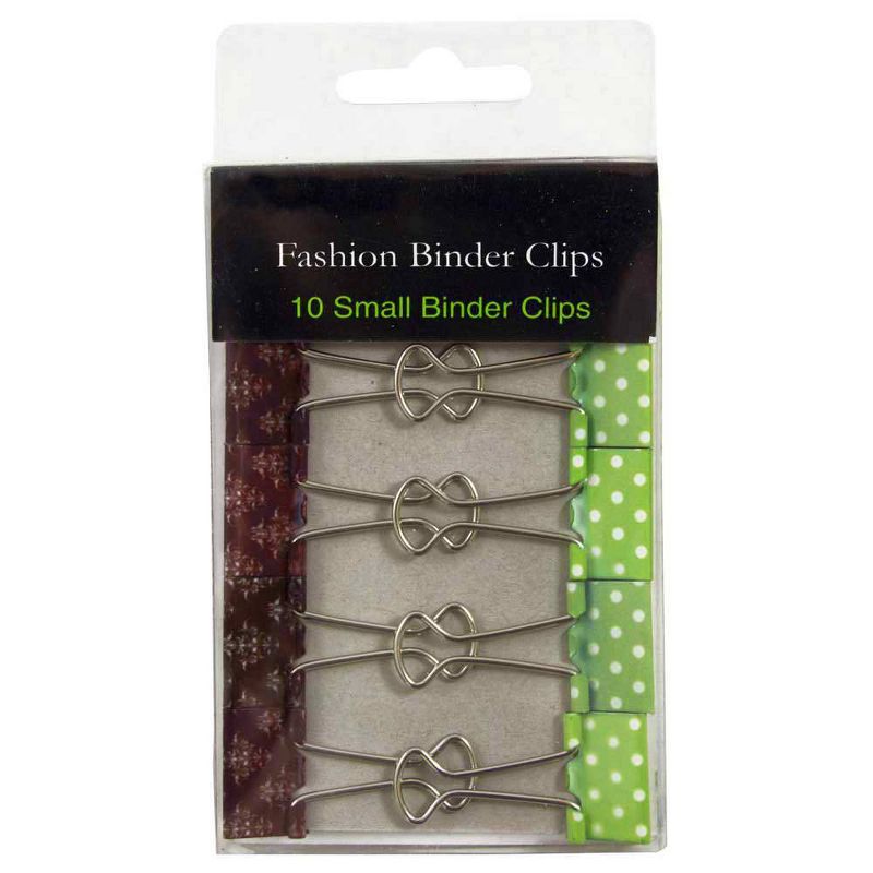 JAM Paper 10pk 19mm Binder Clips - Small Paper Clamp; Green and White Polka Dots & Dark Brown Damask Binderclips