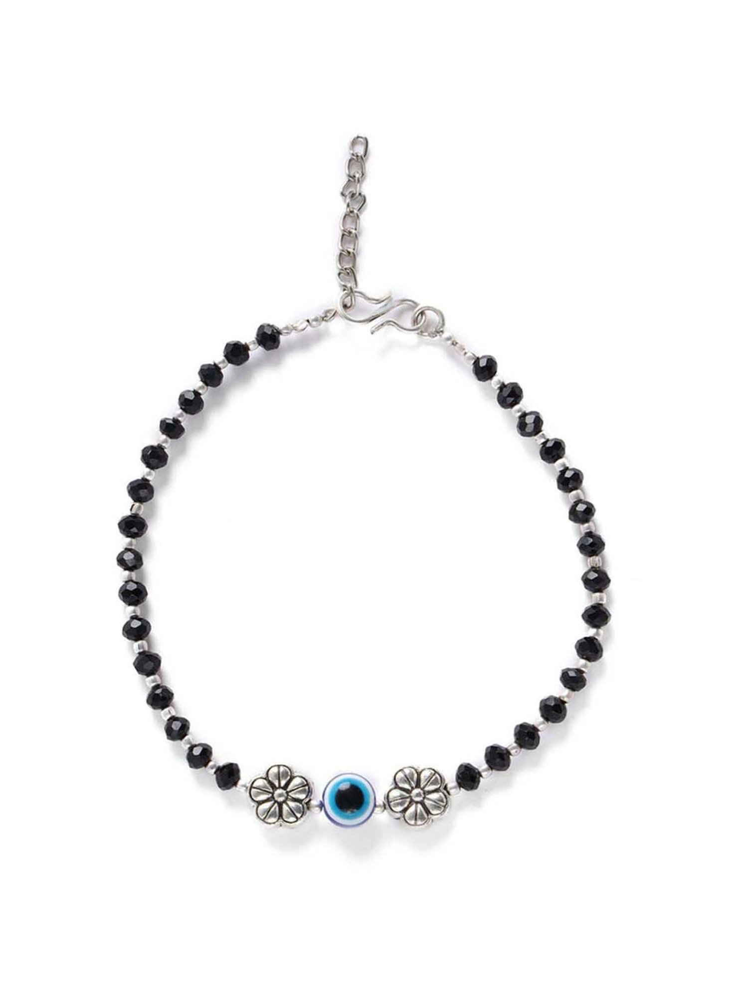 Aatmana Silver-Plated & Black Beaded Handcrafted Flower Anklets - Set of 2