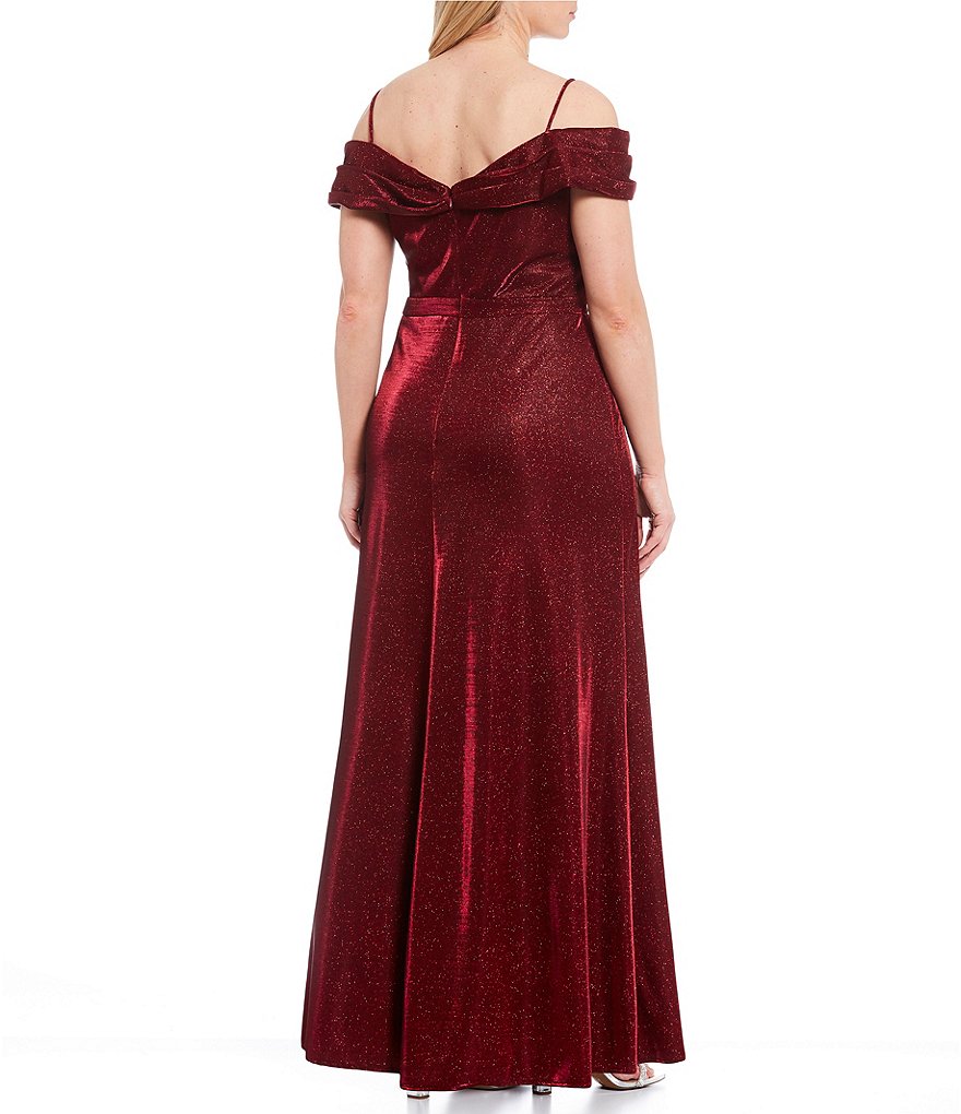 Morgan & Co. Plus Off-The-Shoulder Cap-Sleeve Side Slit Shimmer Shine Long Dress
