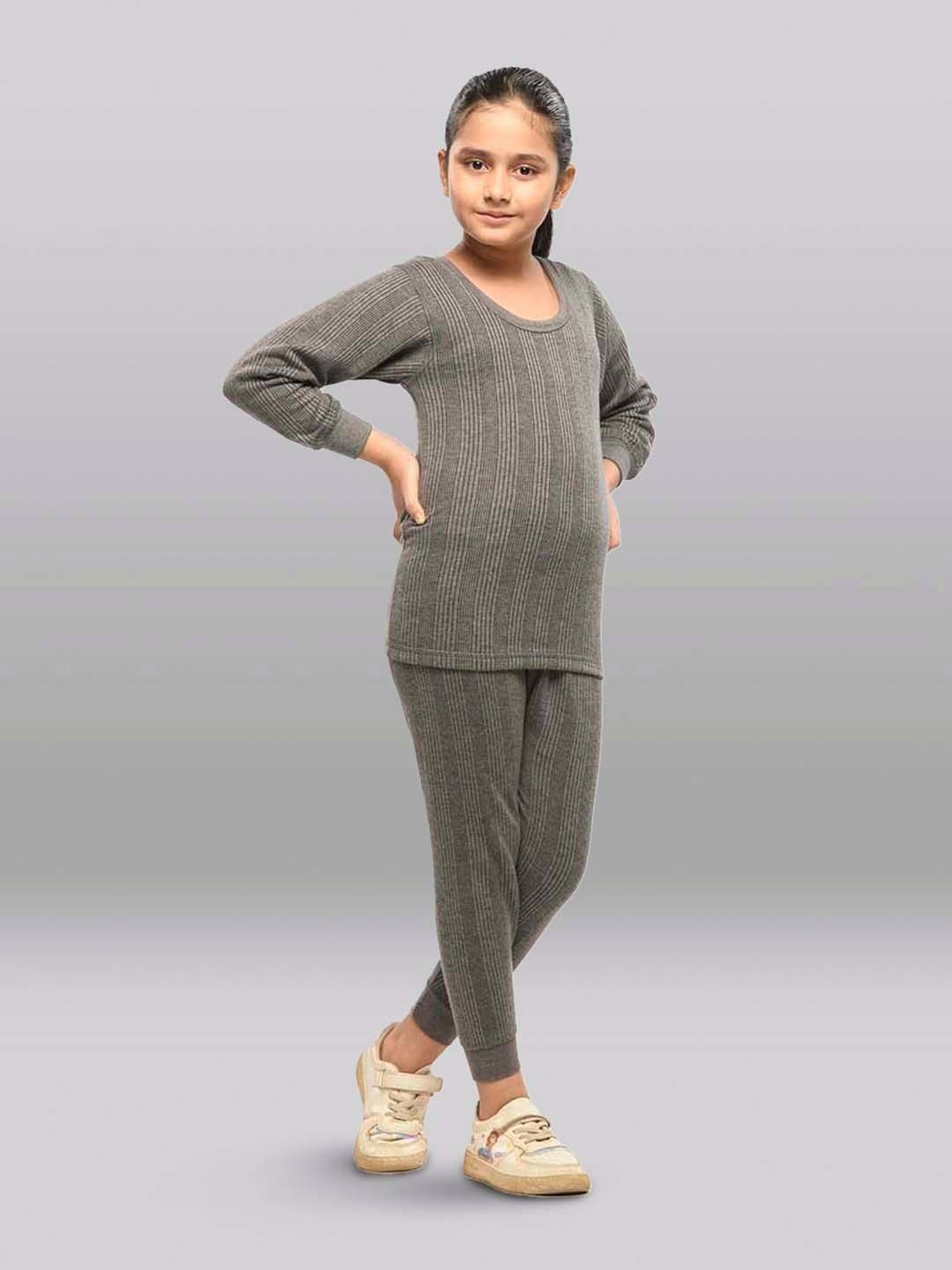 Dyca Kids Grey Melange Textured Thermal Top (Pack Of 2)