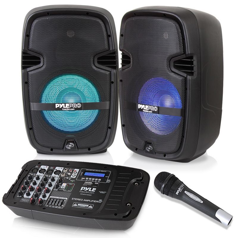 Pyle Stage and Studio 10 Inch Bluetooth PA Loud Speaker System with Built In LED Lights and DJ Mixer Bundle Kit