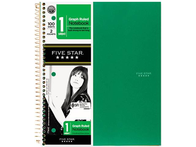Five Star 06190 Wirebound Notebooks, Quad, 1 Subject, White, 8 1/2 x 11, 100 Sheets, Assorted