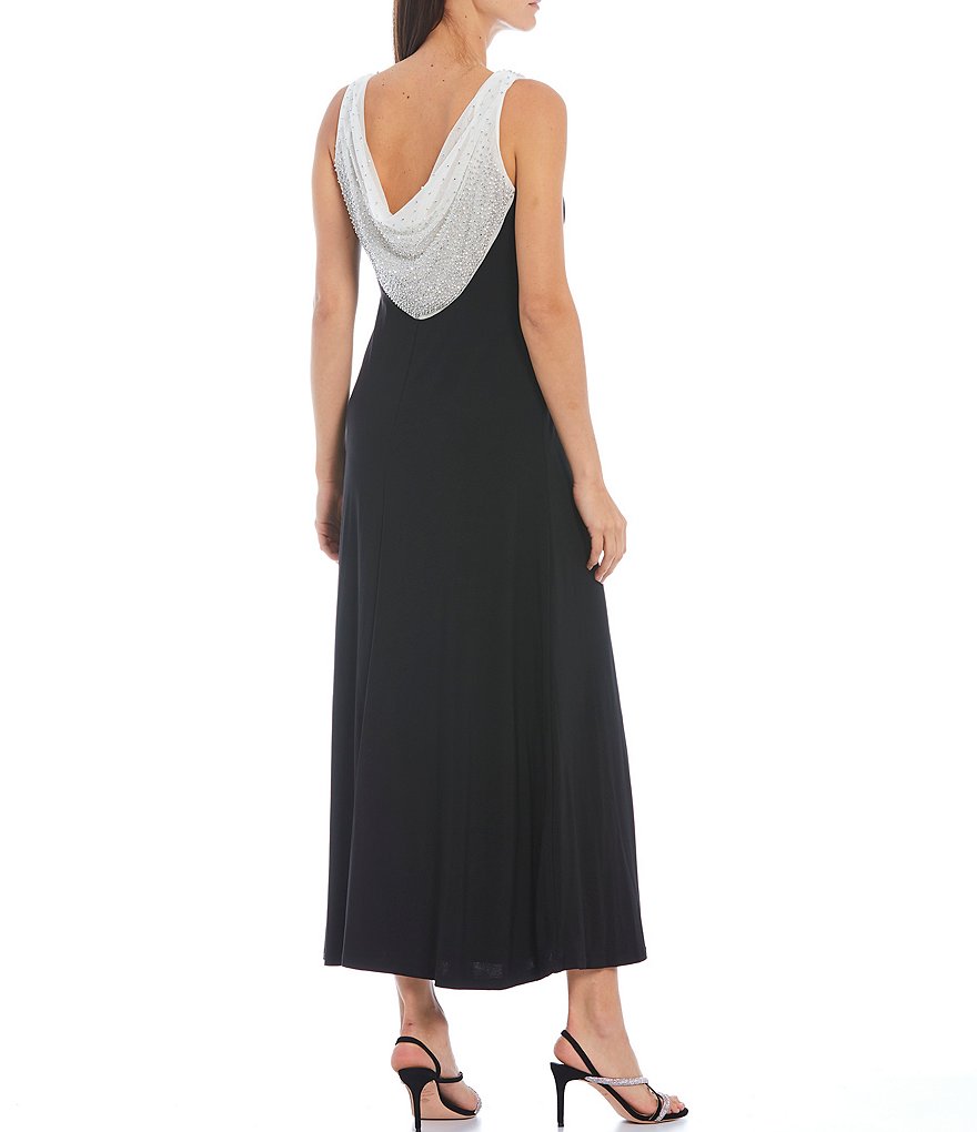 R & M Richards Sleeveless Caviar Bead Cowl Neck Shift Gown