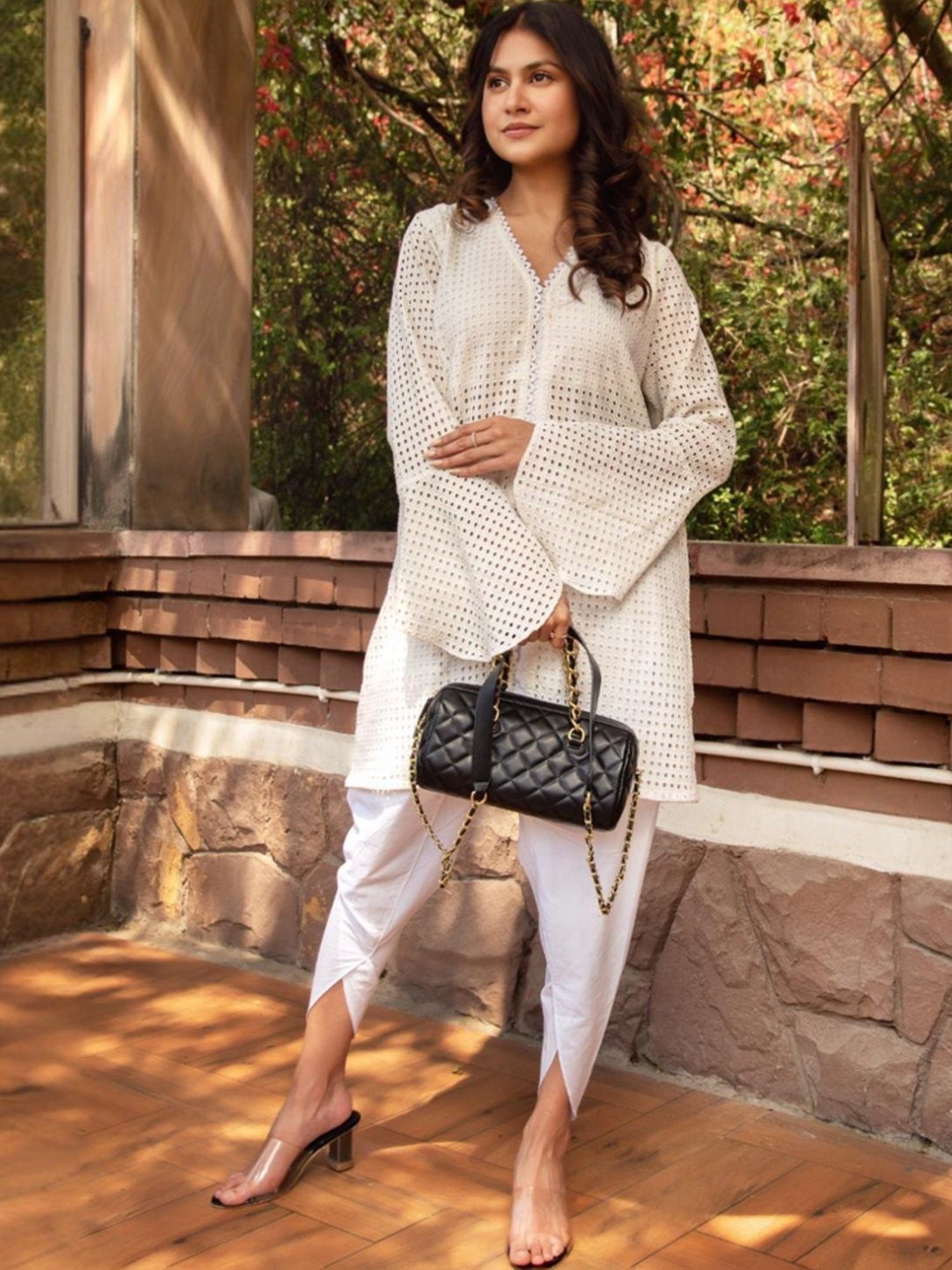 Calmna Pearl White Schiffli Tunic with Pant Co-ord Set