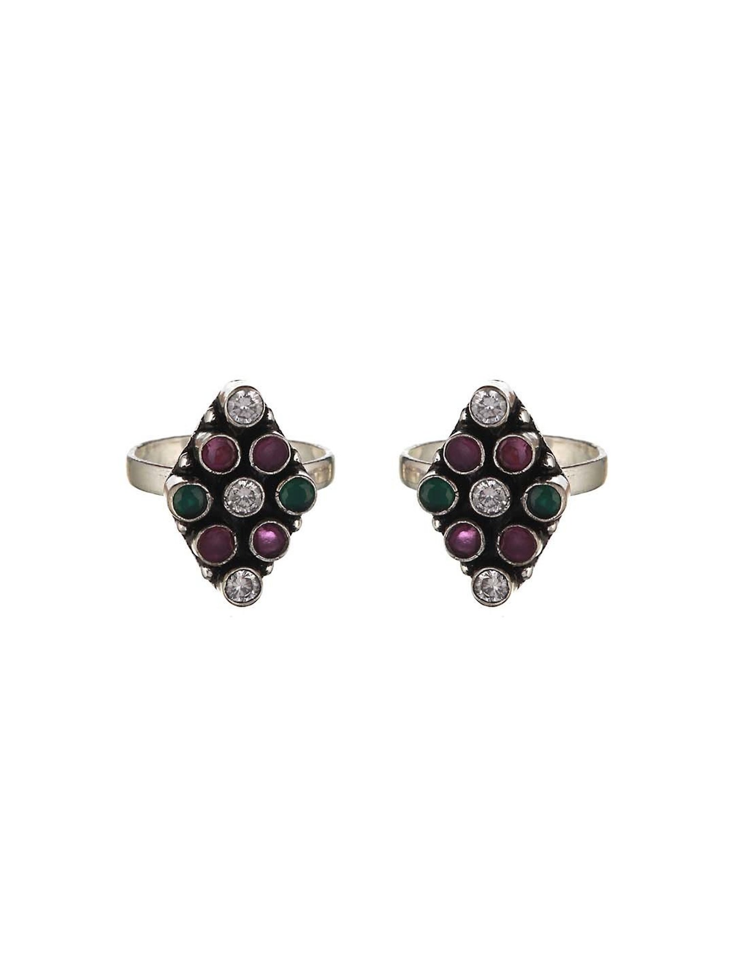 Saraf RS Jewellery Oxidized Multicolored AD Studded Adjustable Toe Rings - Set of 2