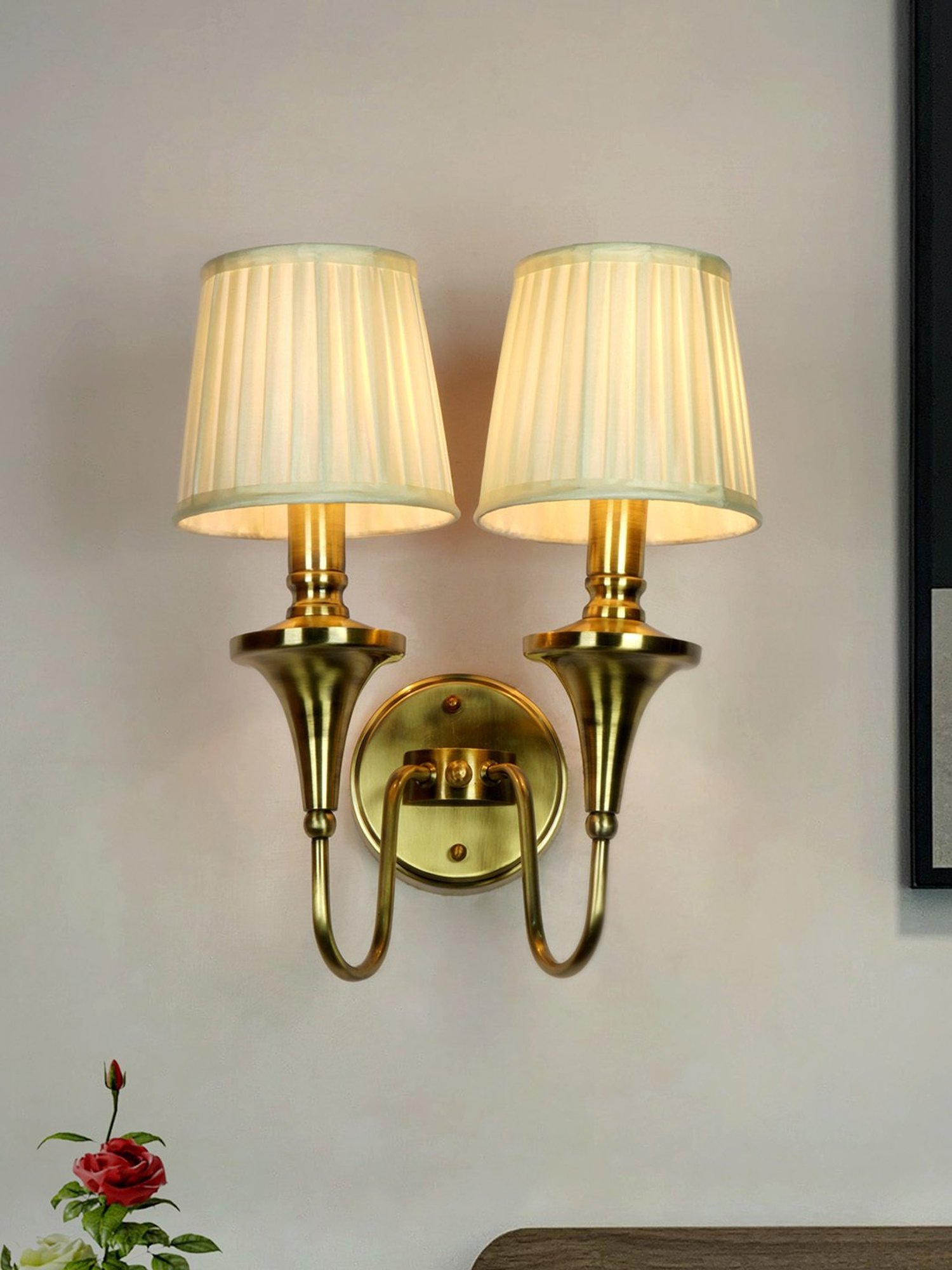 Fos Lighting Gold 15-Inch Brass Double Wall Lamp With White Pleated Fabric Shades