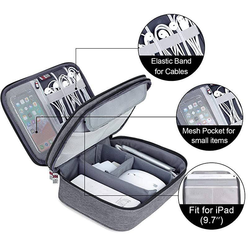 Electronic Organizer, Double Layer Travel Accessories Storage Bag for Cord, Adapter, Battery, Camera and More-a Sleeve Pouch for iPad or up to 9.7" Tablet(Large, Black)