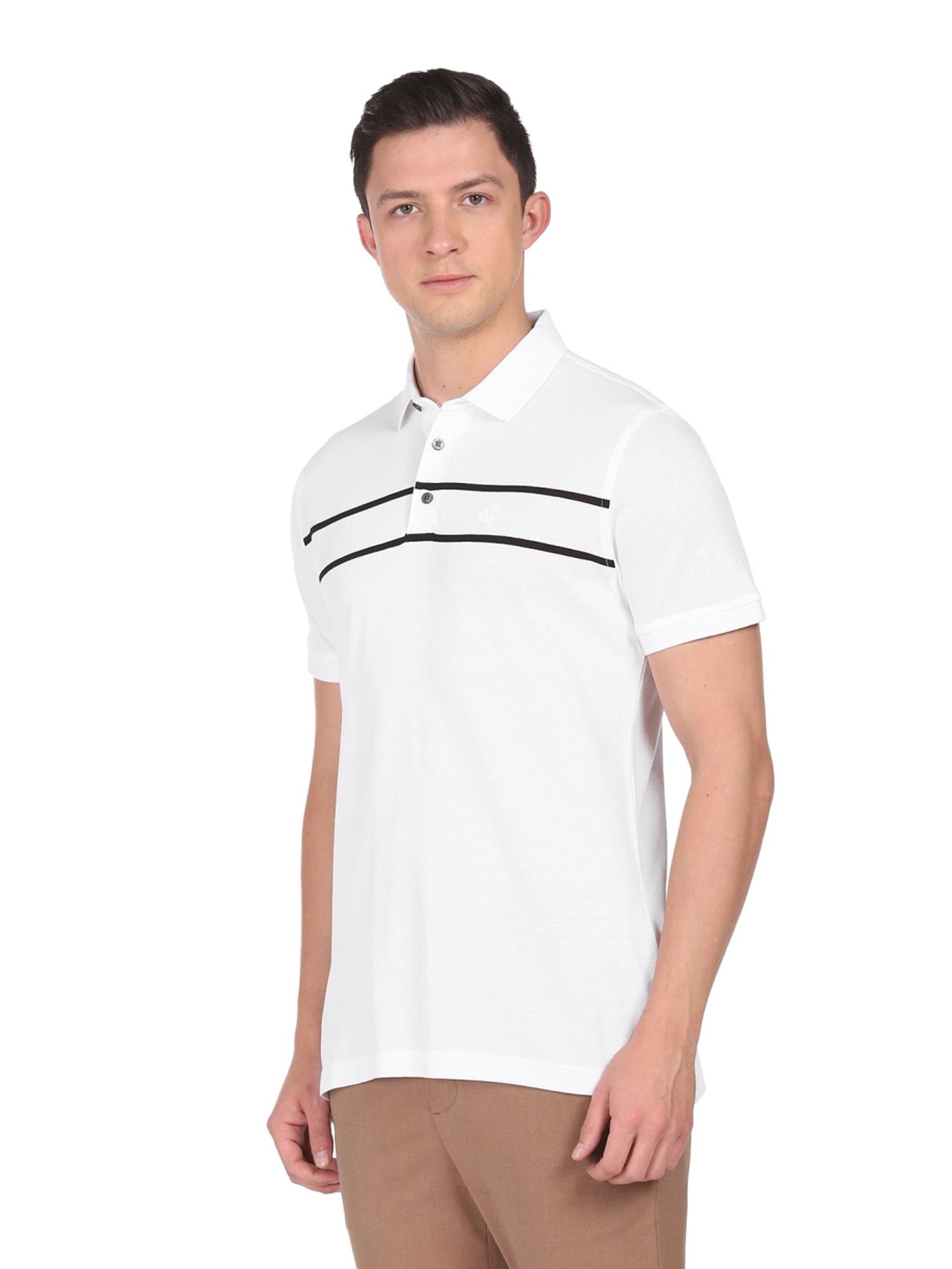Arrow White Cotton Regular Fit Striped Polo T-Shirt