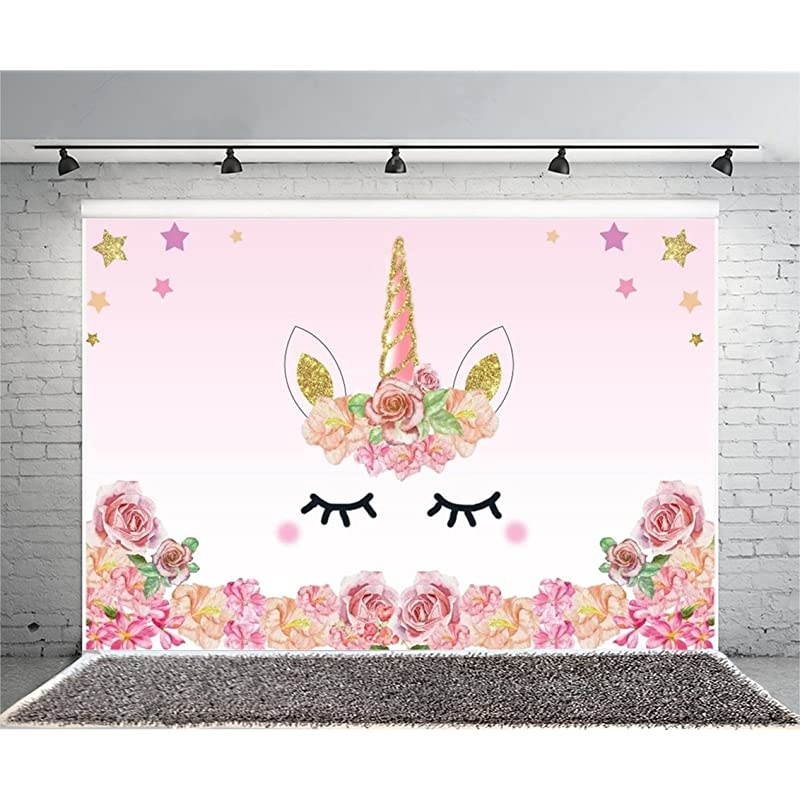 7x5FT Vinyl Backdrop Pink Unicorn Party Photography Background Roses Flowers Edge Pattern Sweet Cute Gold Star Background Birthday Baby Shower Ifant Toddlers Girls Photo Backdrop Studio Props