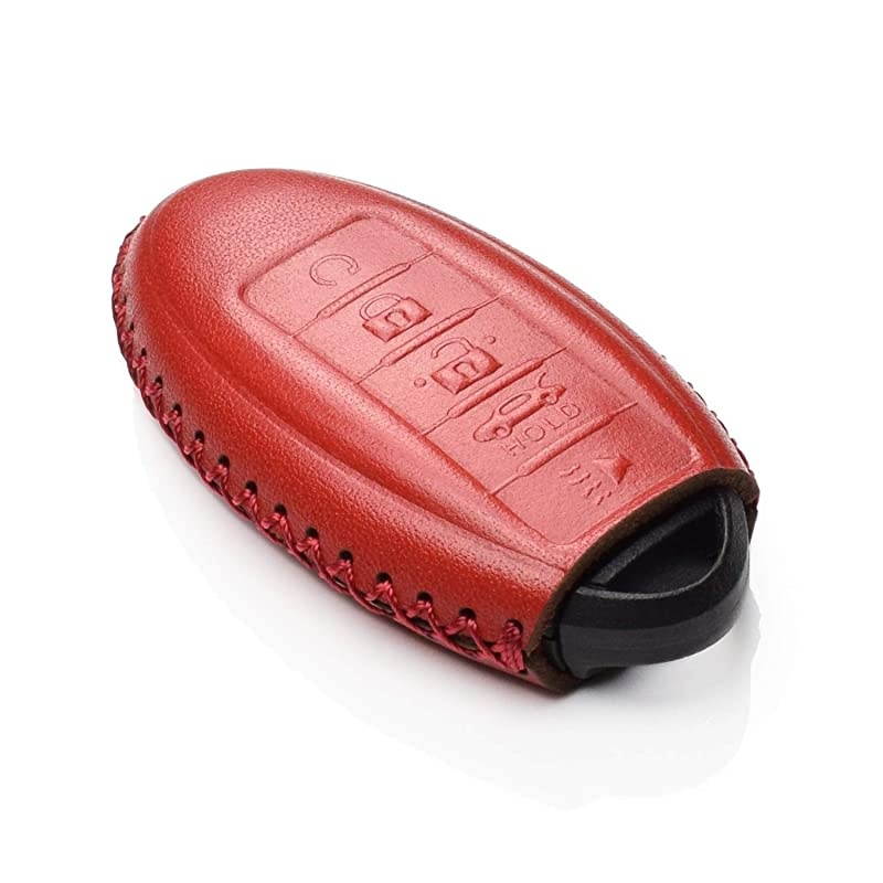 Leather Keyless Entry Remote Control Smart Key Case Cover with a Key Chain for Nissan Infiniti 5 Buttons Red