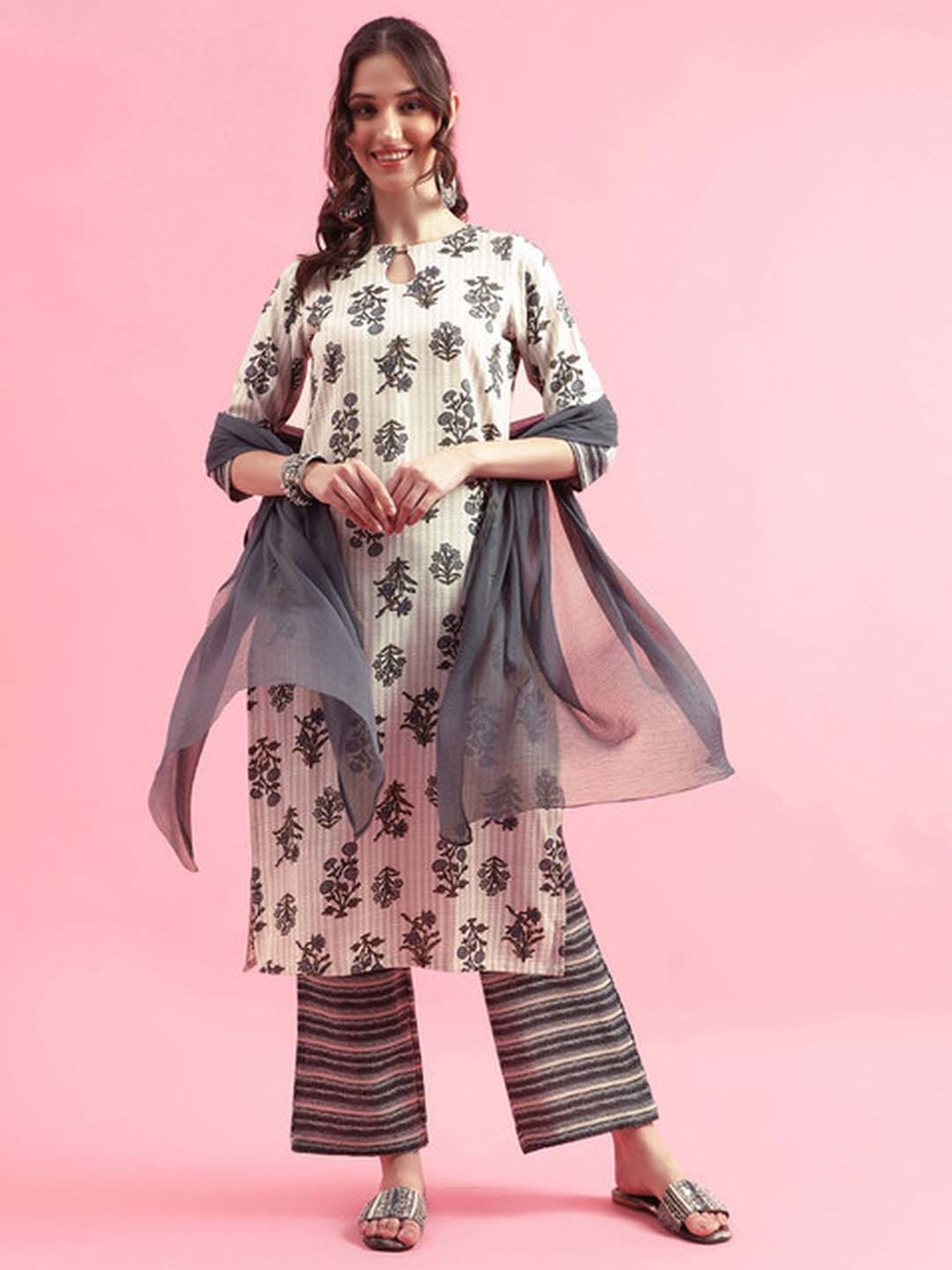 Skylee Off White & Grey Printed Kurta Palazzo Set With Dupatta
