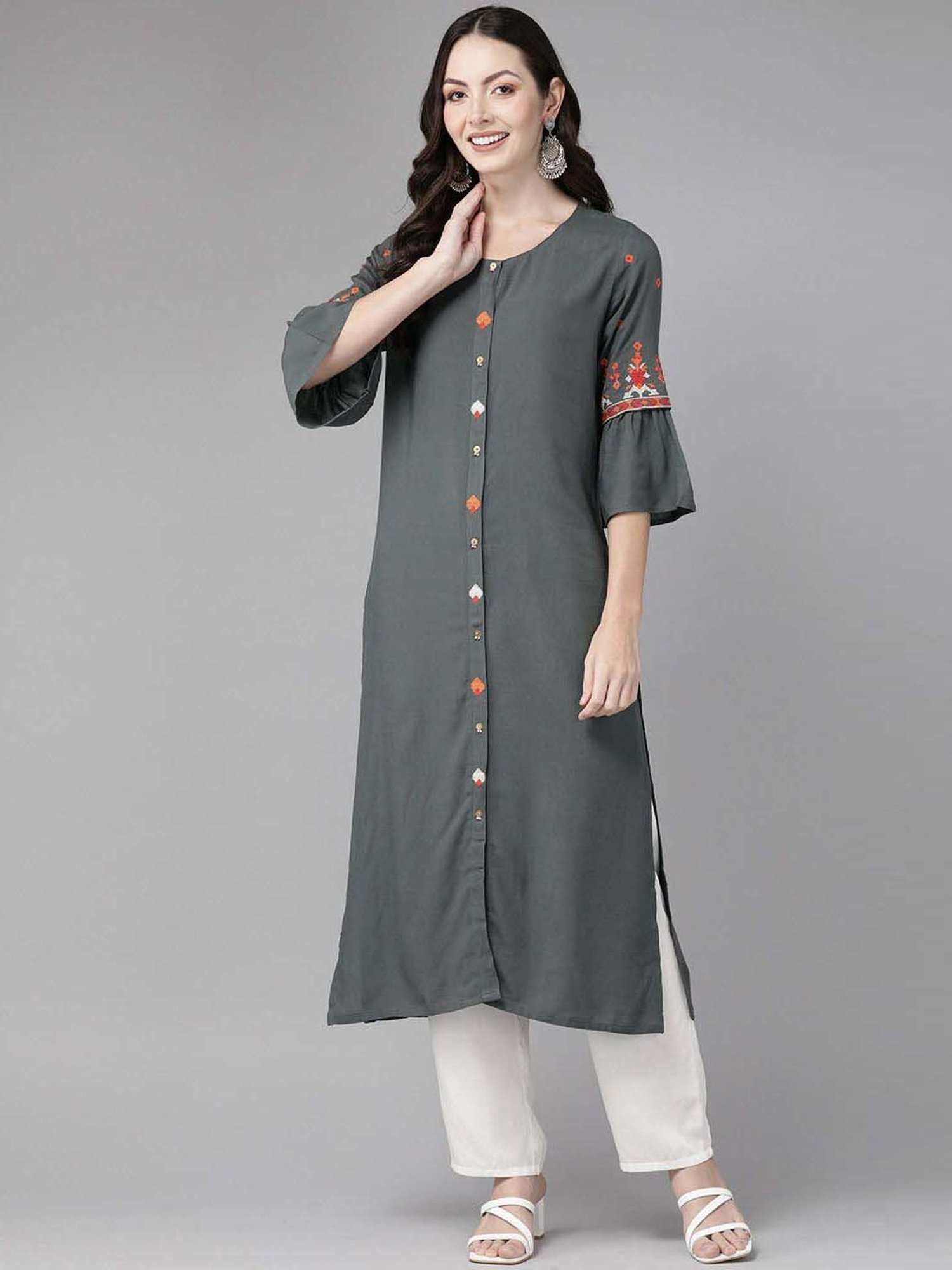 Cayman Grey Cotton Embroidered Straight Kurta