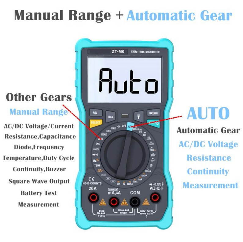ZT-M0 True-RMS Digital Multimeter Auto / Manual, Analog Bar Graph AC/DC Voltage