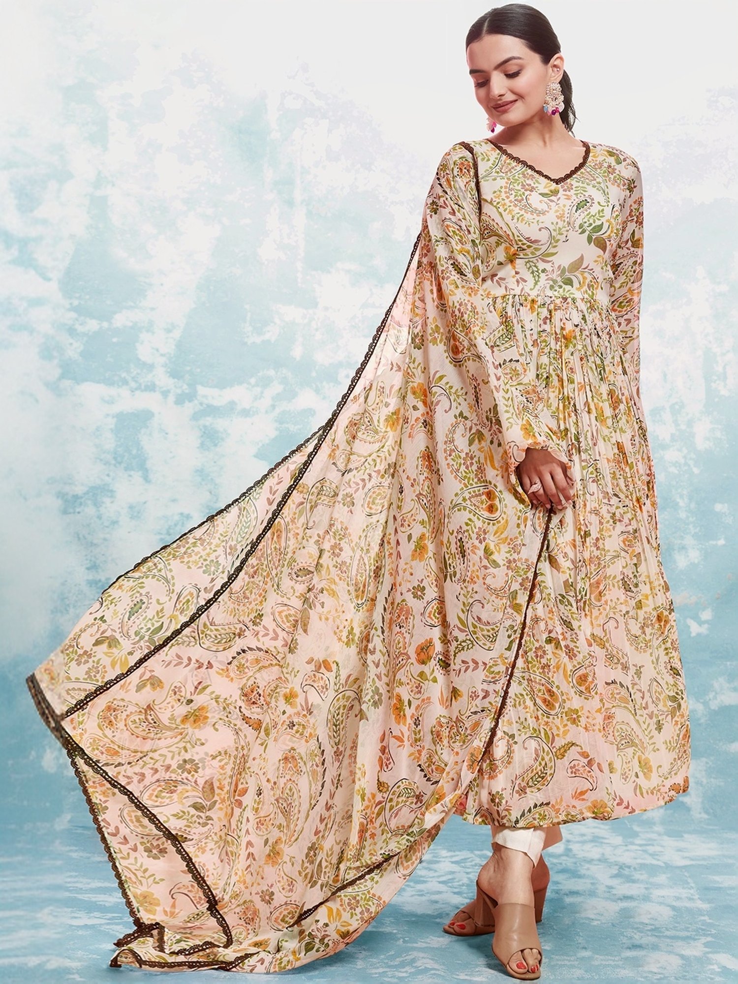 Odette Beige Printed Kurta Pant Set With Dupatta