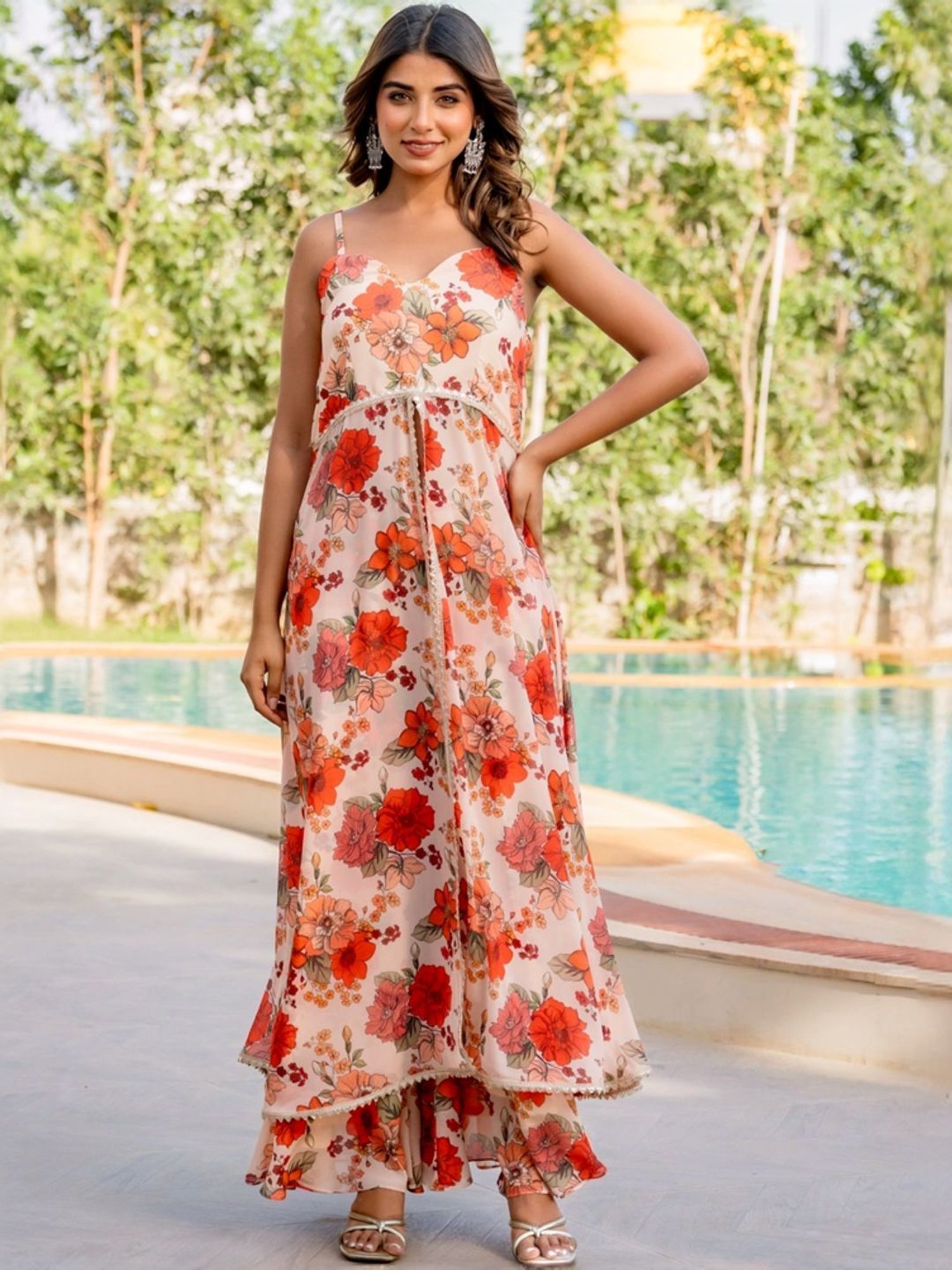 HOUSE OF JAMOTI Beige Printed Kurta Palazzo Set