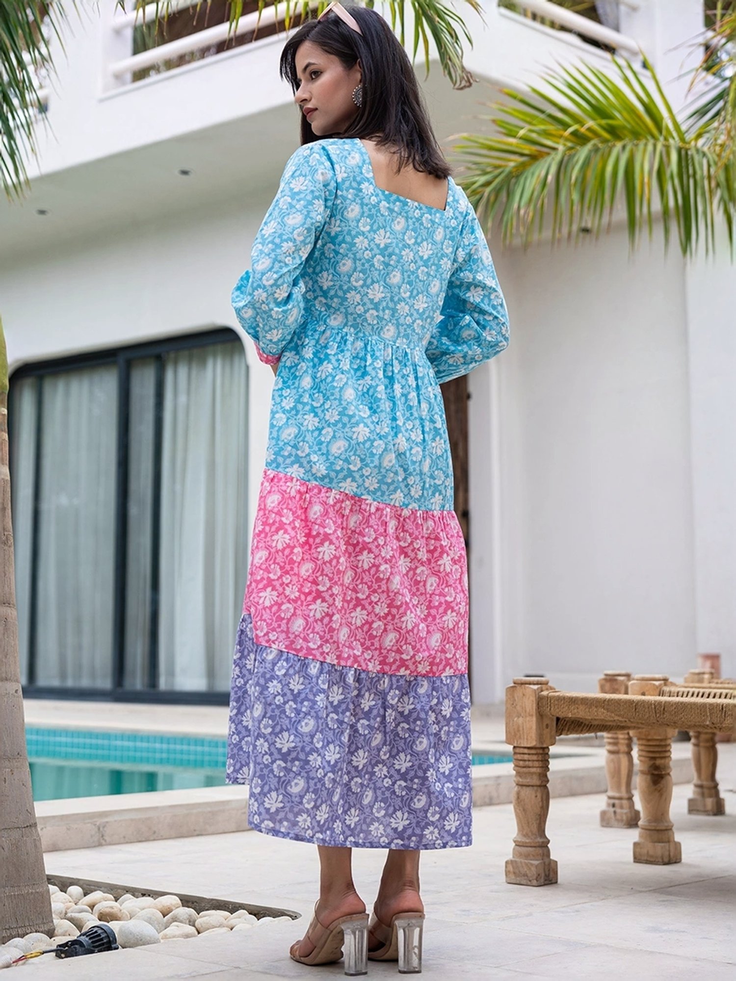 Yufta Blue Cotton Printed A-Line Dress