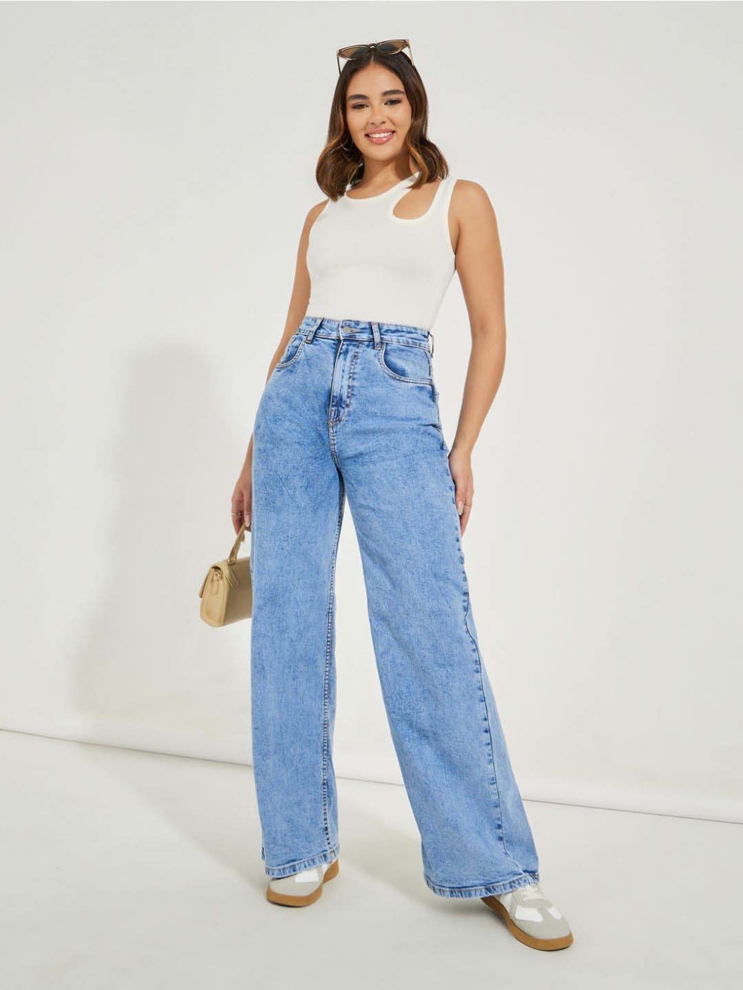 Styli Blue Cotton High Rise Flared Jeans
