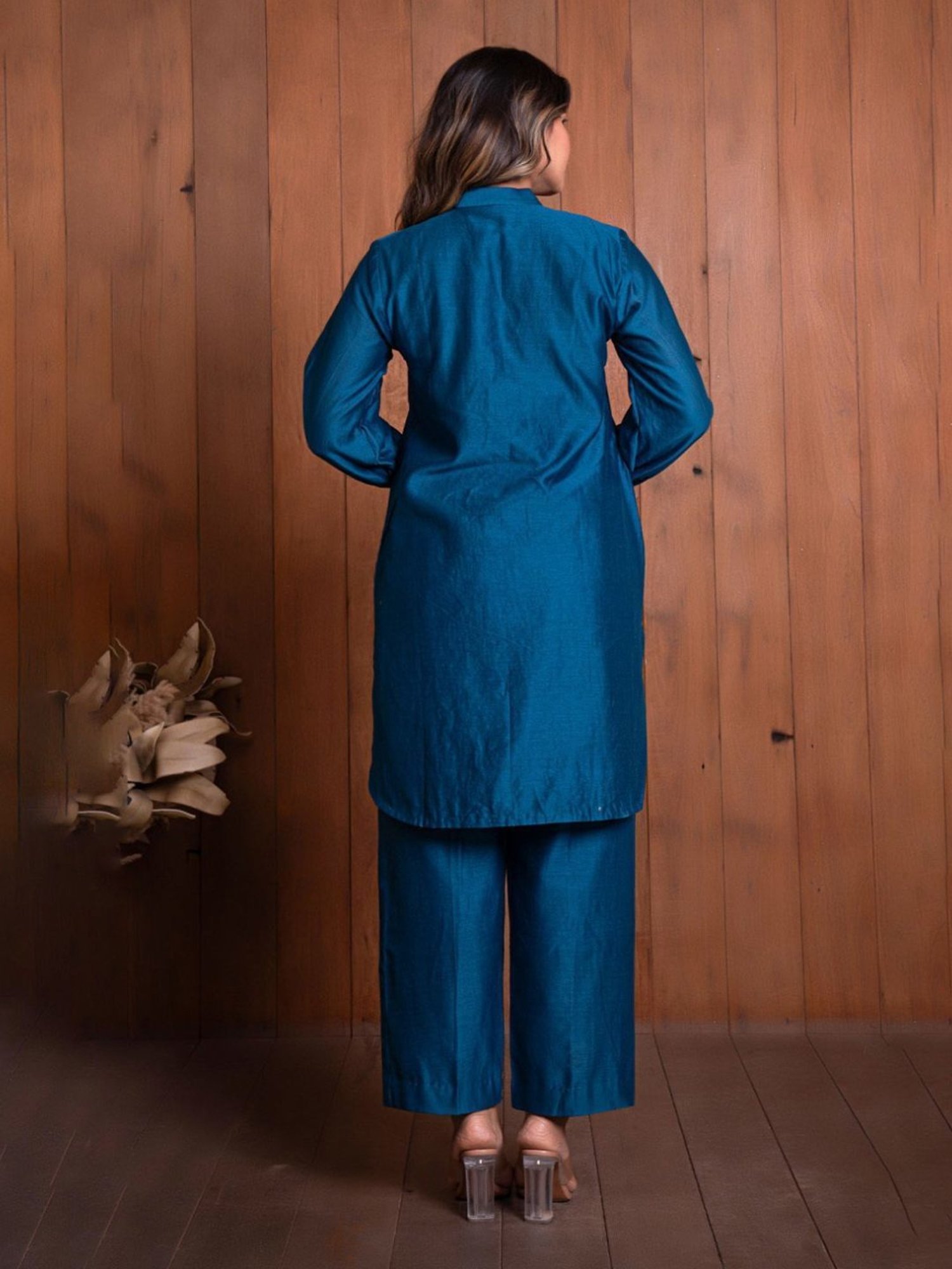 Eeshva India Blue Solid Chanderi Kurta with Pant