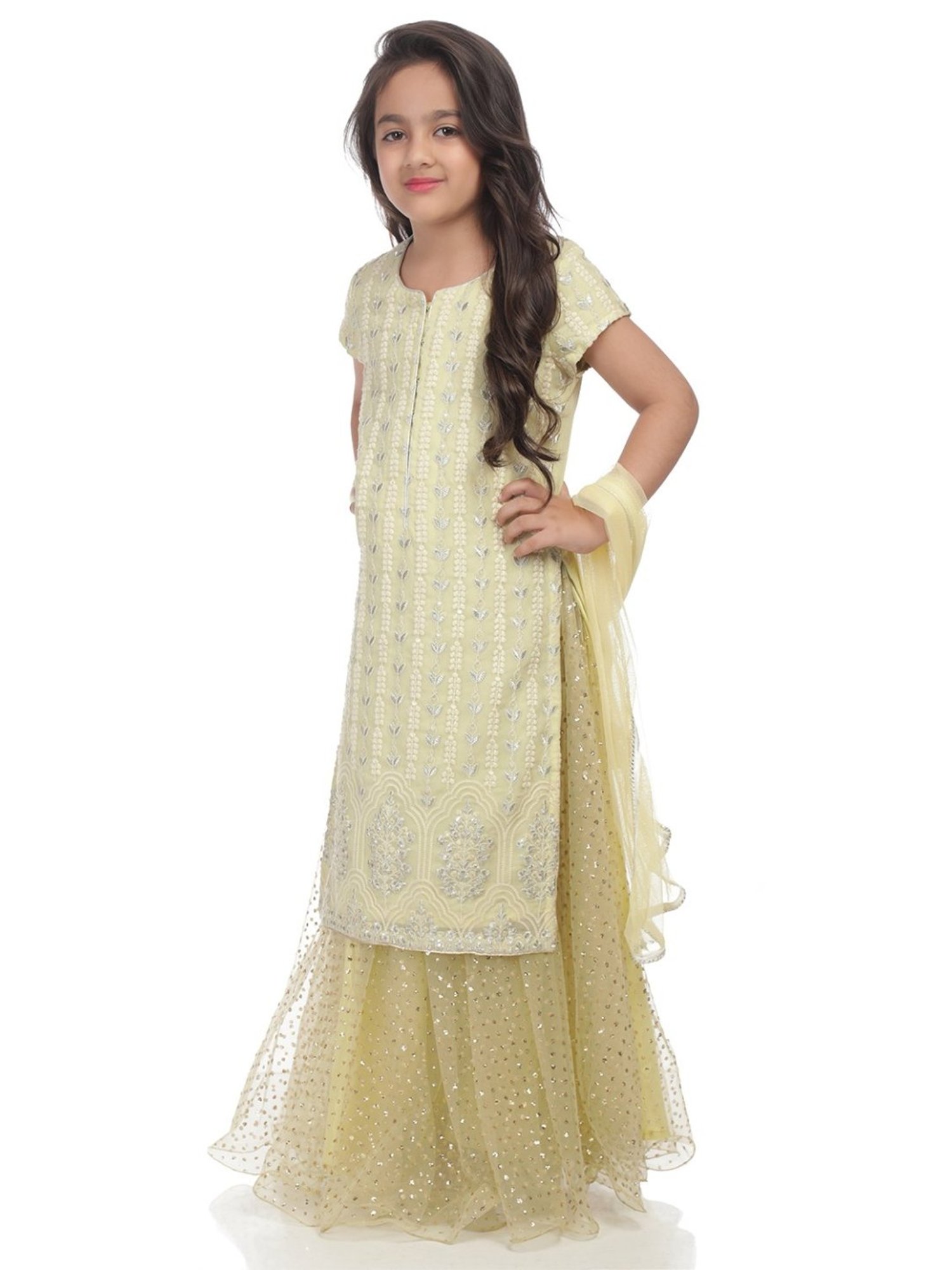 BIBA Girls Pista Green Embroidered Kurti & Skirt With Dupatta