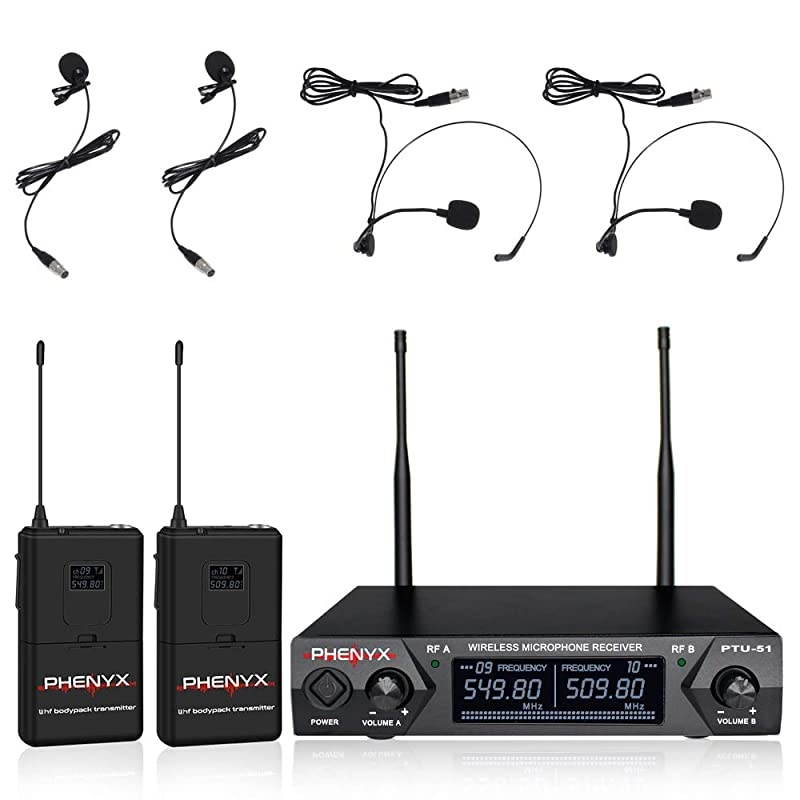 Metal Wireless Receiver  UHF Wireless Microphone System with 2 Bodypacks 2 Lapels and 2 Headsets Fixed Frequency 16 Hrs Long Battery Life Ideal for Church Outdoor Events PTU51C