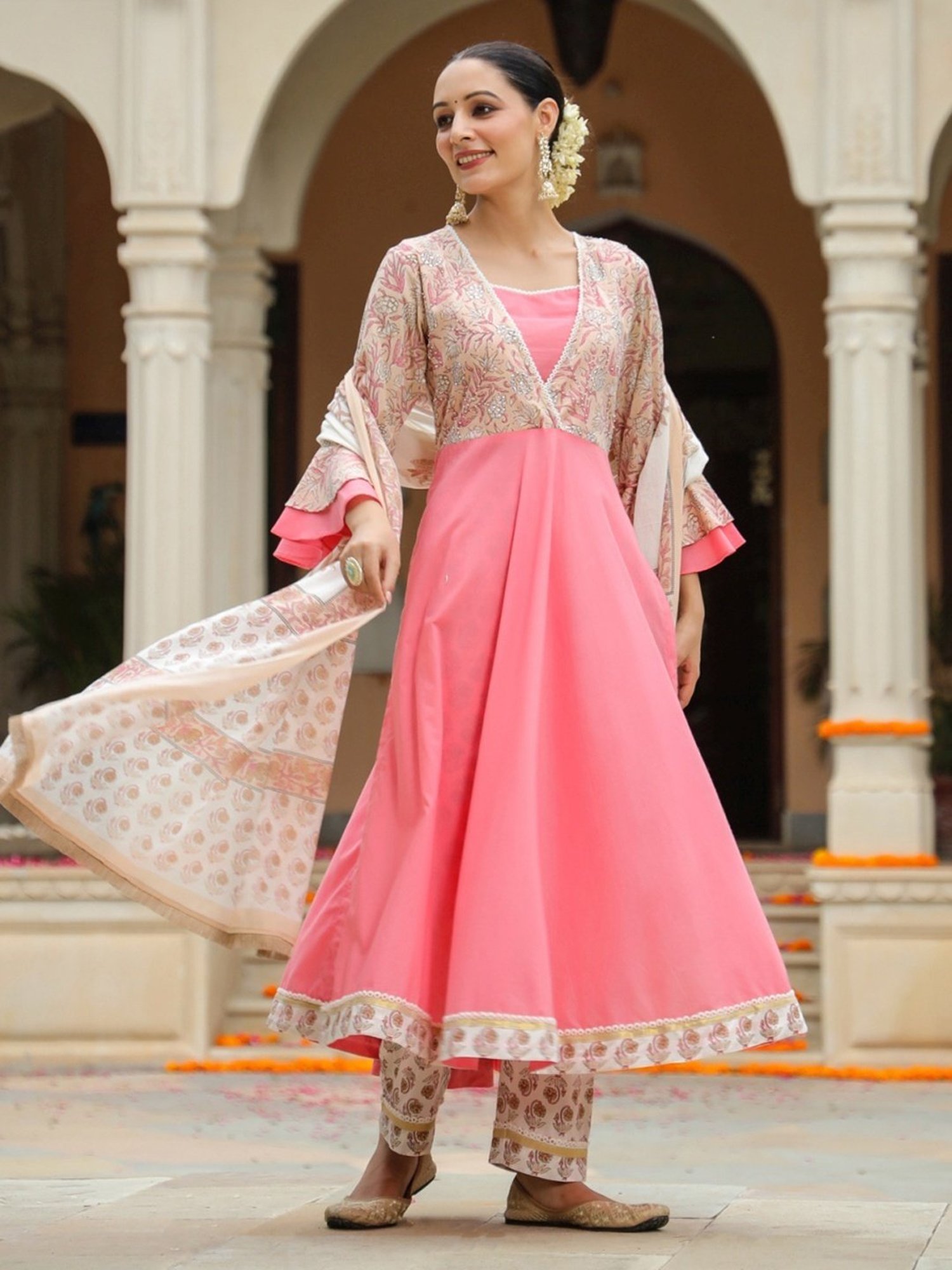 Rain and Rainbow Pink & Beige Cotton Floral Print Kurta Palazzo Set With Dupatta