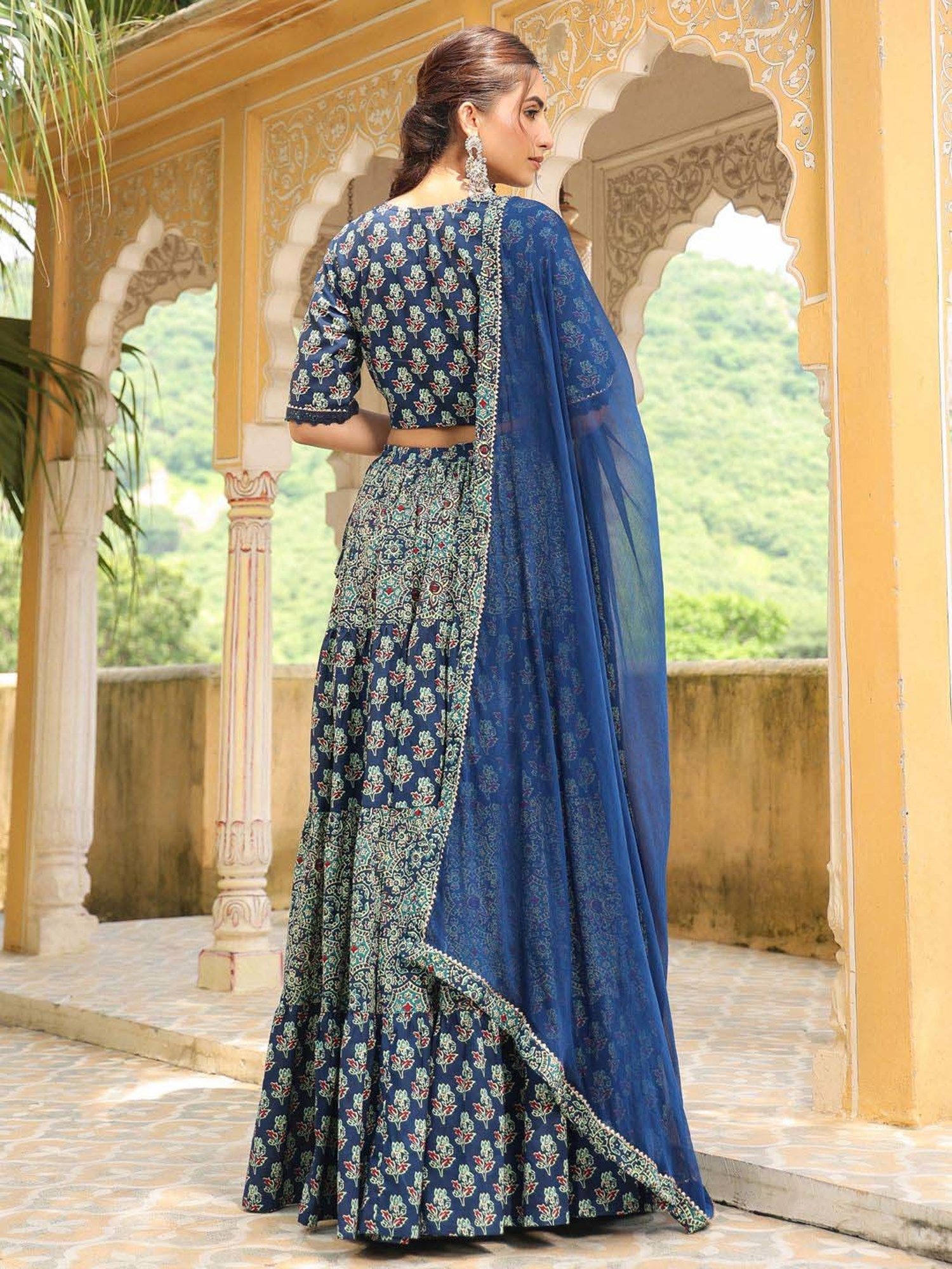 Janasya Blue Cotton Printed Lehenga Choli Set With Dupatta