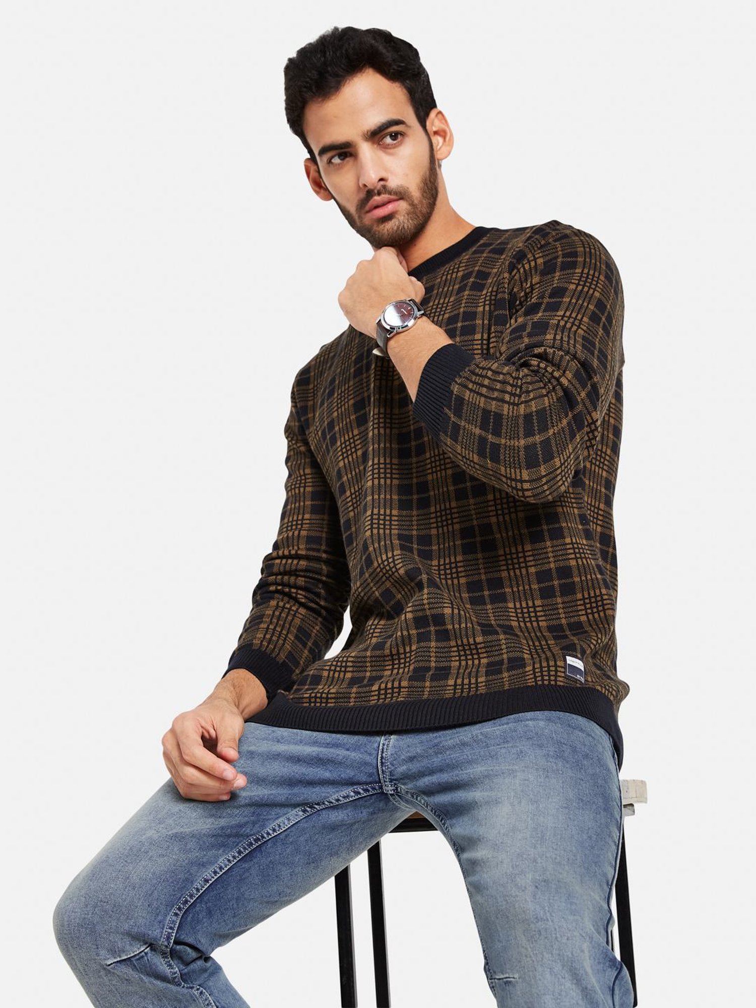 METTLE Brown Cotton Regular Fit Checks Sweater