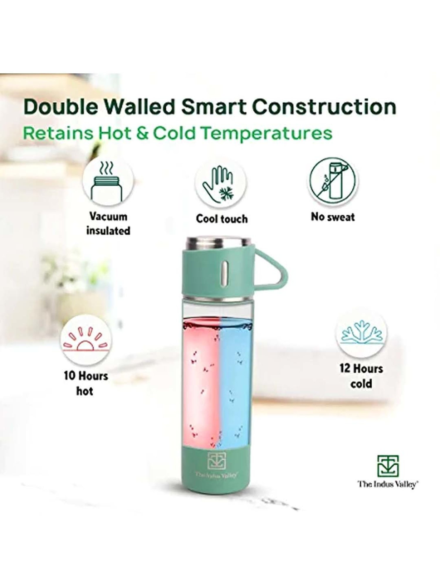 The Indus Valley Green Stainless Steel Vaccum Insulated Flask With Drinking Mug (0.5 L)