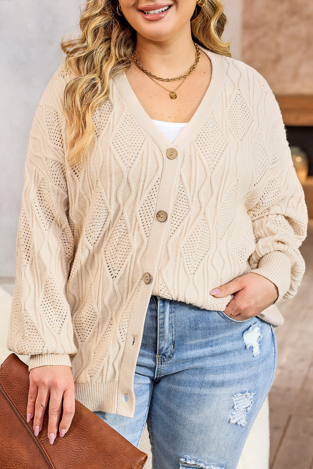 Khaki Star Pattern Drop Shoulder Sweater