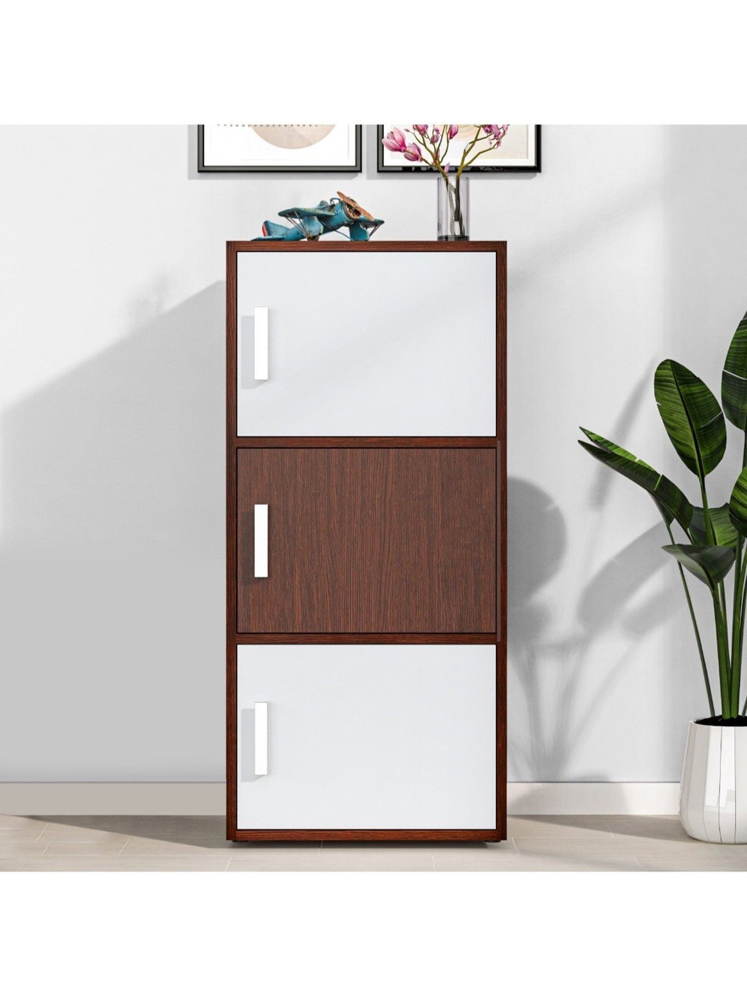 Nilkamal Sear Urban Walnut & Oak White Engineered Wood 3 Tier Storage Cabinet
