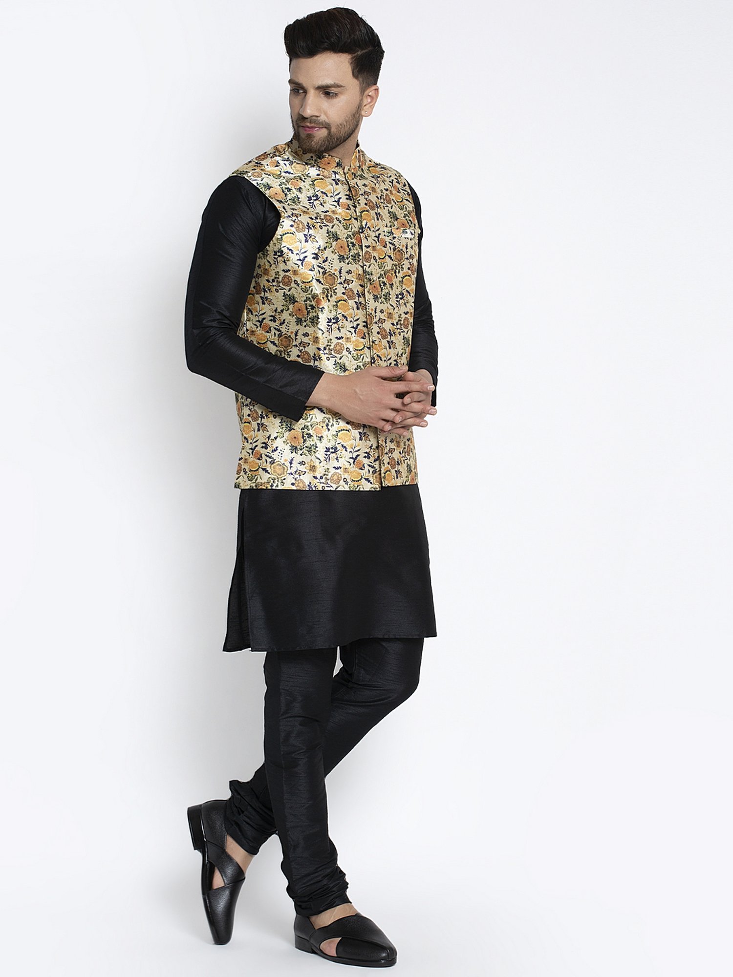 Benstoke Black & Lime Green Regular Fit Floral Print Kurta Set With Jacket