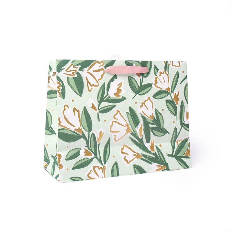 Large Floral Gift Bag with Foil White/Green/Gold - Spritz™