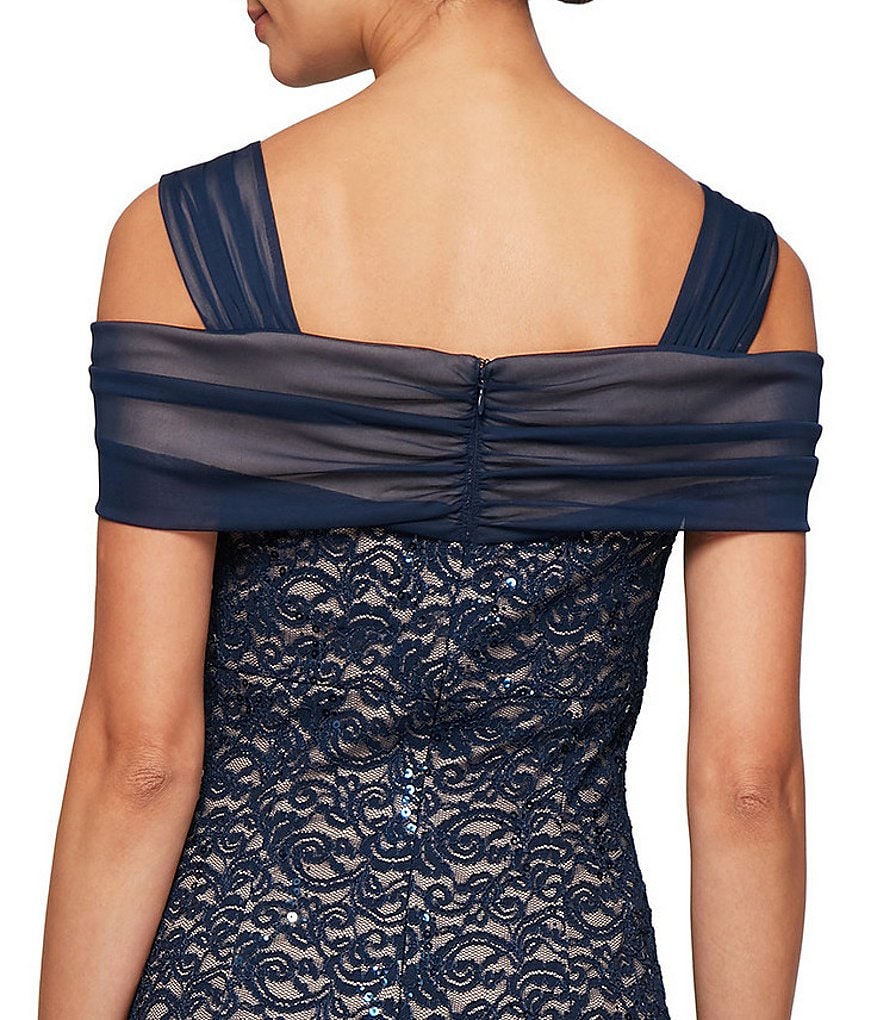 Alex Evenings Sequin Lace Cold Shoulder Godet Gown