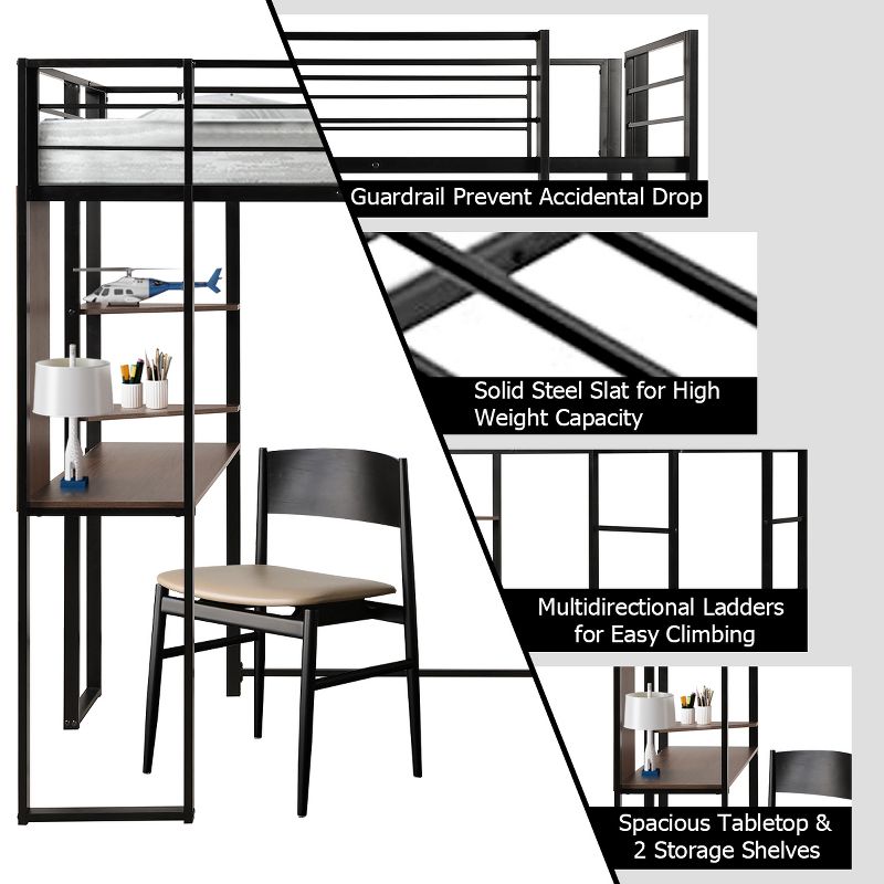 Costway Twin Size Metal Loft Bunk Bed Space-Saving Workstation Loft Bed w/ Bookcase