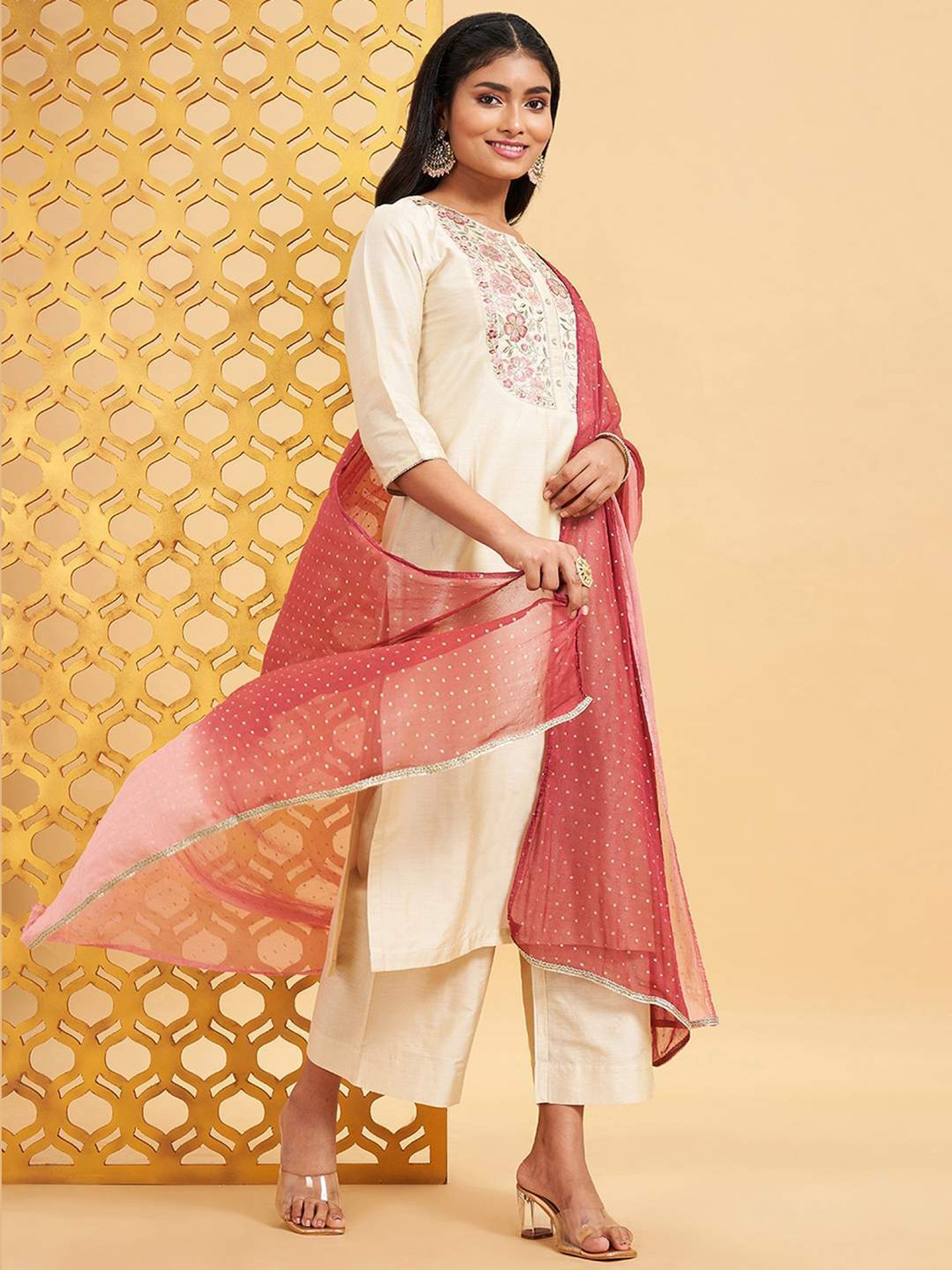 Rangmanch by Pantaloons White Embroidered Kurta Palazzo Set With Dupatta