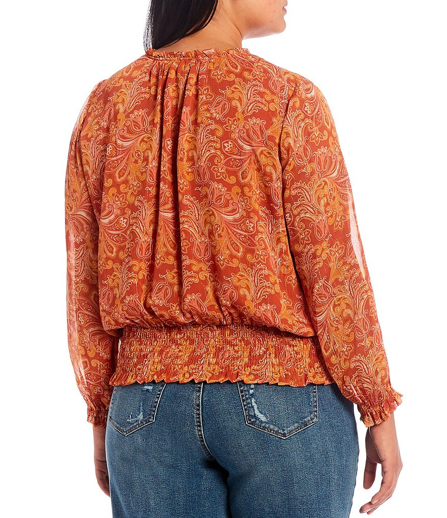 Jessica Simpson Plus Size Emery Drawstring Banded Collar Neck Long Blouson Sleeve Smocked Hem Blouse