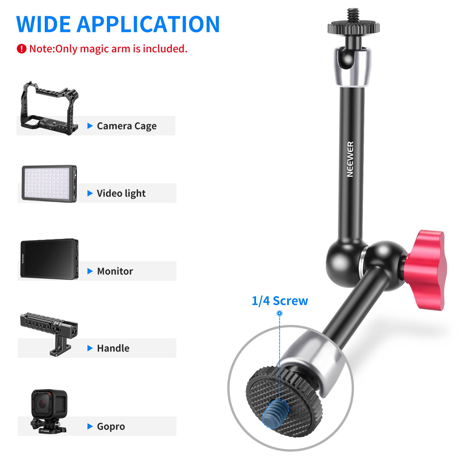 Neewer Upgraded 9.8 inches/25 centimeters Adjustable Friction Magic Arm with Both 1/4-inch Thread Screw, Compatible with Flash, LED Light, Microphone, Monitor, Cage, Super Clamp, Load up to 4.4lbs/2kg