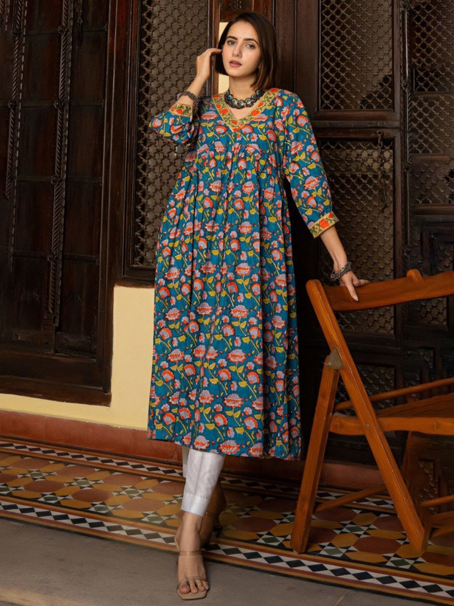 Eeshva India Blue & Orange Florest Jaal Hand Blocked Kurta In Cotton